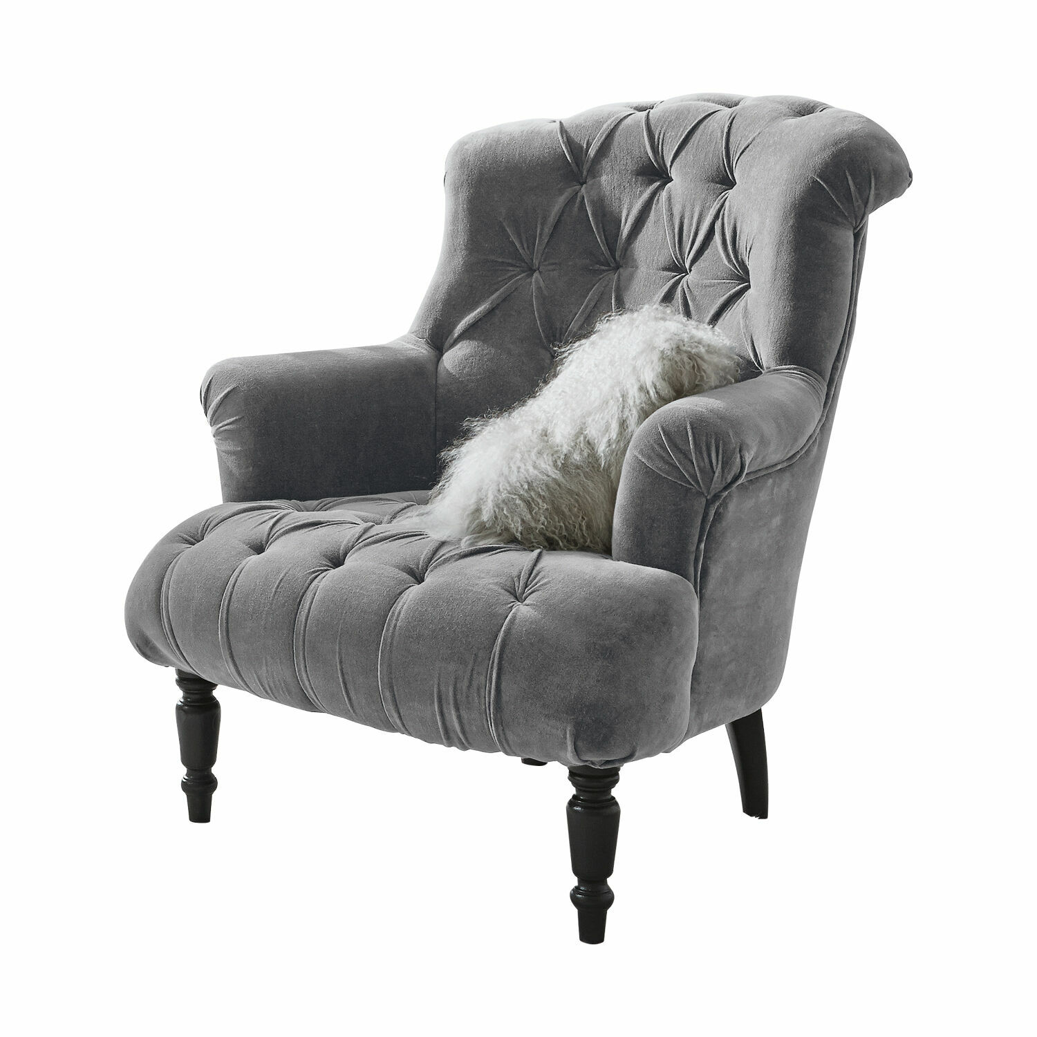Fauteuil Parranquet Grijze fluwelen fauteuil met gestikte rugleuning en zwarte houten poten met wit kussen