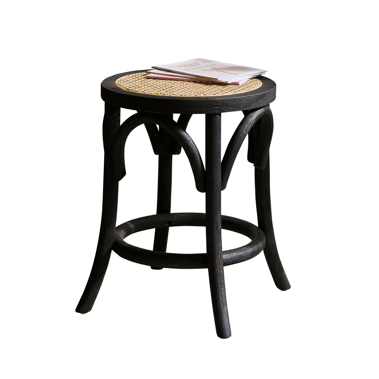 Kruk Kary Ronde bijzettafel van zwart hout met licht gevlochten blad, stijlvolle meubel voor woonkamer