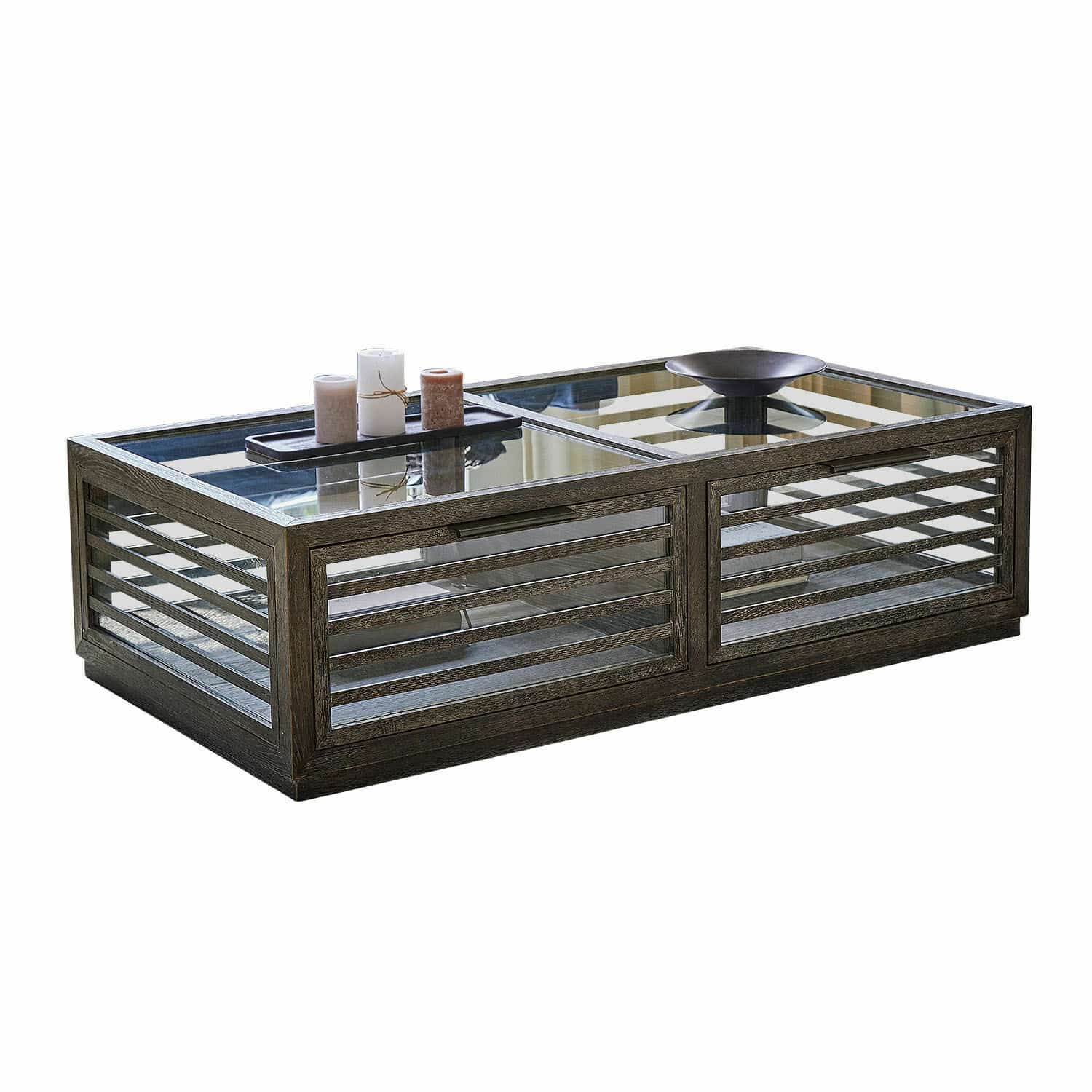 Salontafel Trowbridge Donkere houten salontafel met glazen blad en decoratieve kaarsen, modern en stijlvol ontwerp