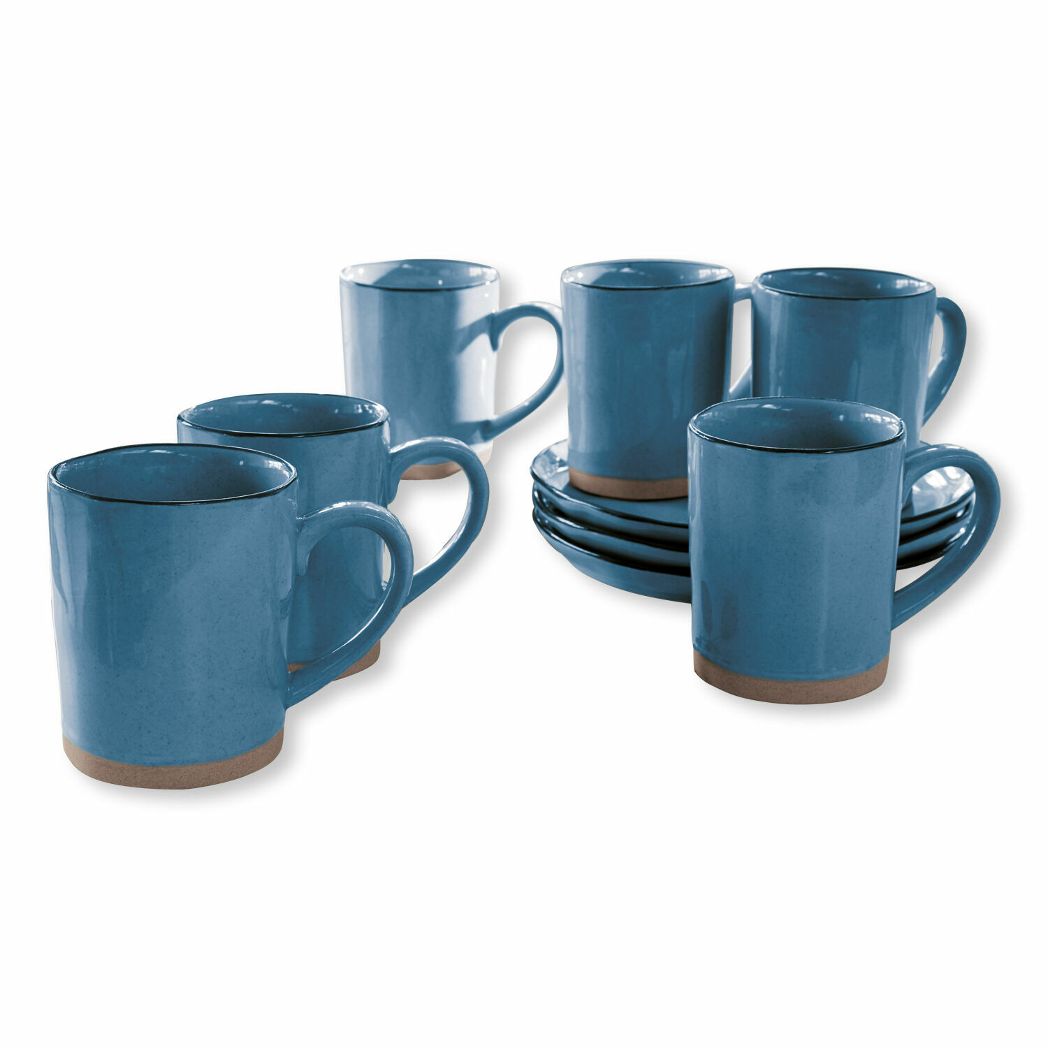 Set van zes blauwe keramische mokken met schotels, duurzaam servies voor koffie en thee