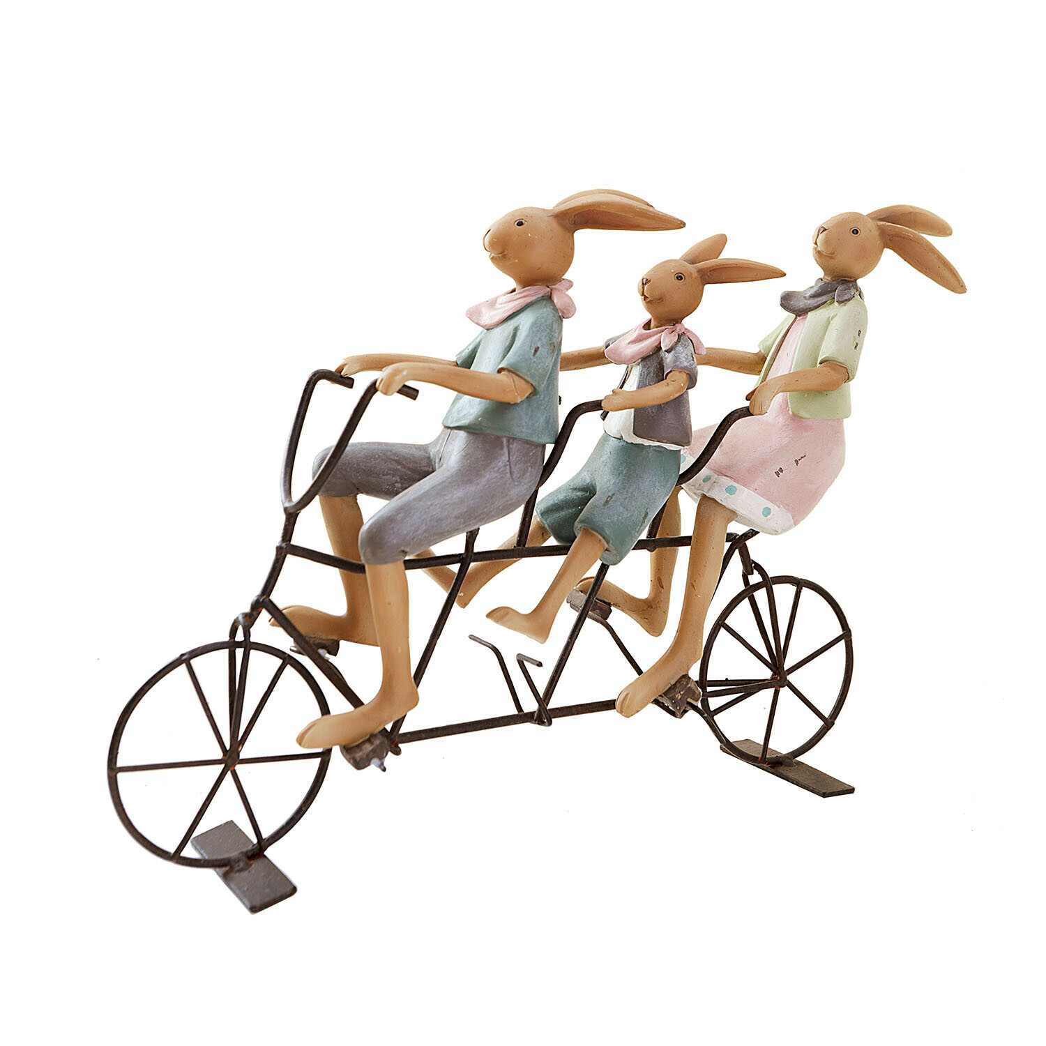 Beeldjes van drie konijnen op een metalen tandemfiets in pasteltinten voor woondecoratie