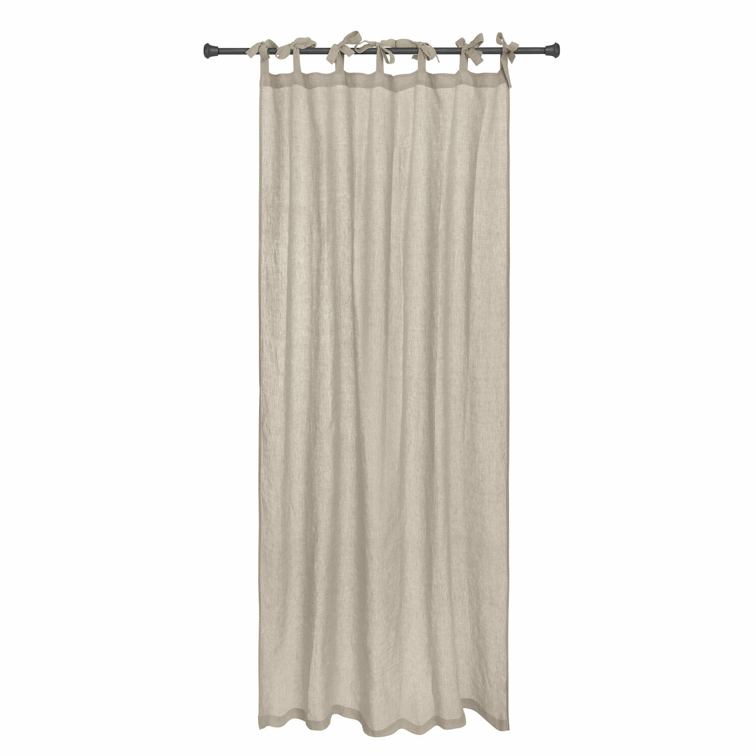 Gordijn Monthelie Beige linnen gordijn met striklinten aan zwarte roede, natuurlijke raamdecoratie