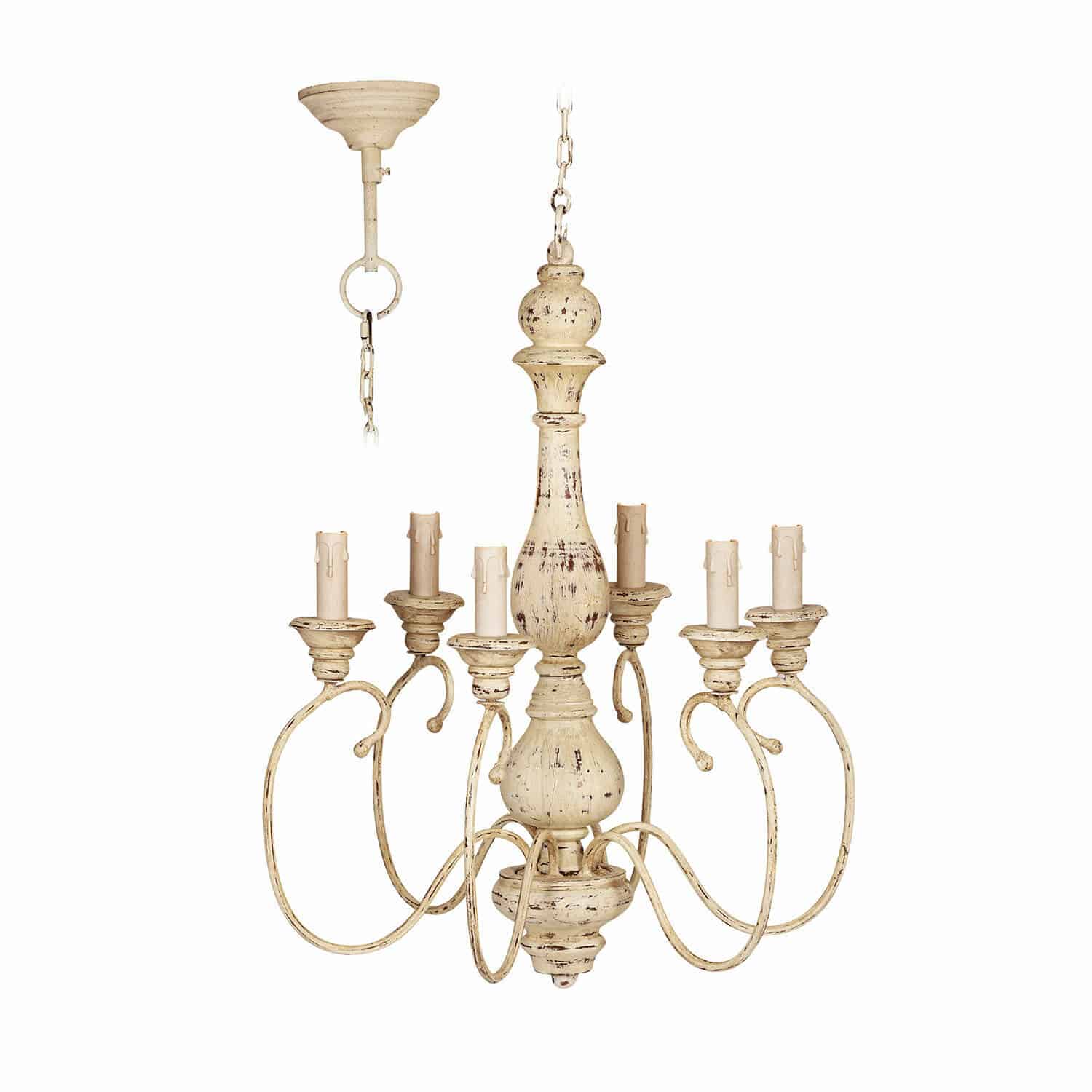 Hanglamp Greenwich Vintage metalen kroonluchter in crèmekleur met zes kaarsenhouders, decoratief binnenverlichtingsobject.