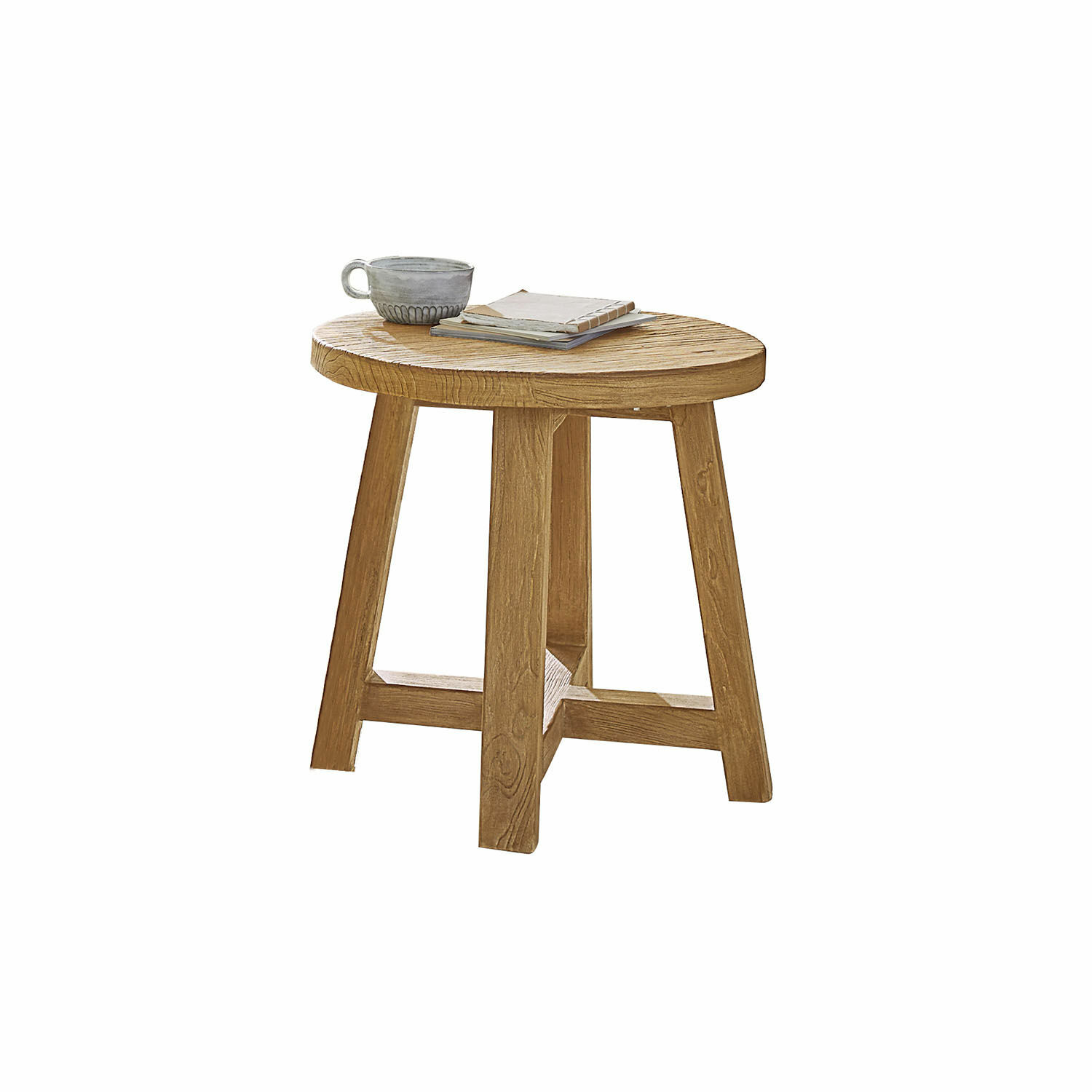Bijzettafel Gorivel Ronde houten bijzettafel in natuurlijke kleur met kopje en boeken erop