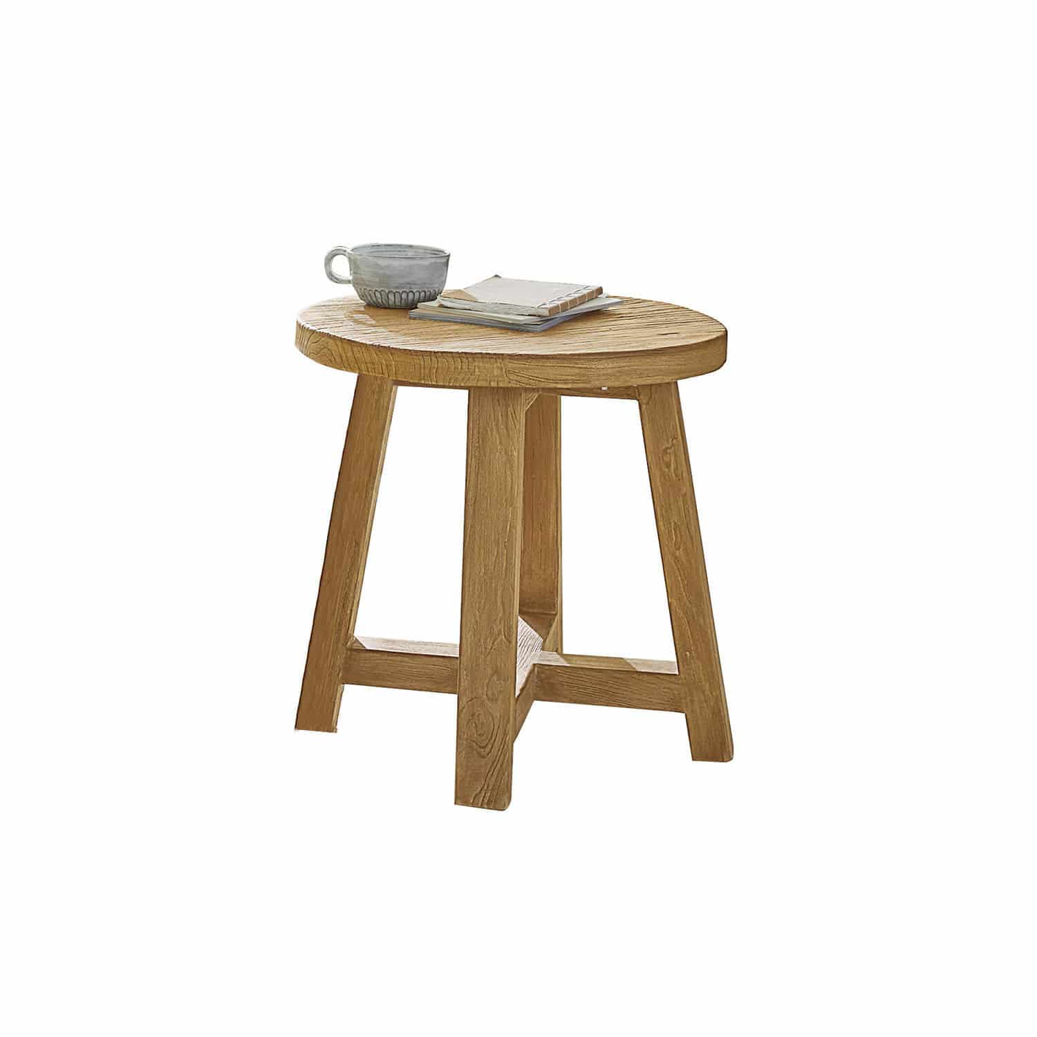 Bijzettafel Gorivel Ronde houten bijzettafel in natuurlijke kleur met kopje en boeken erop