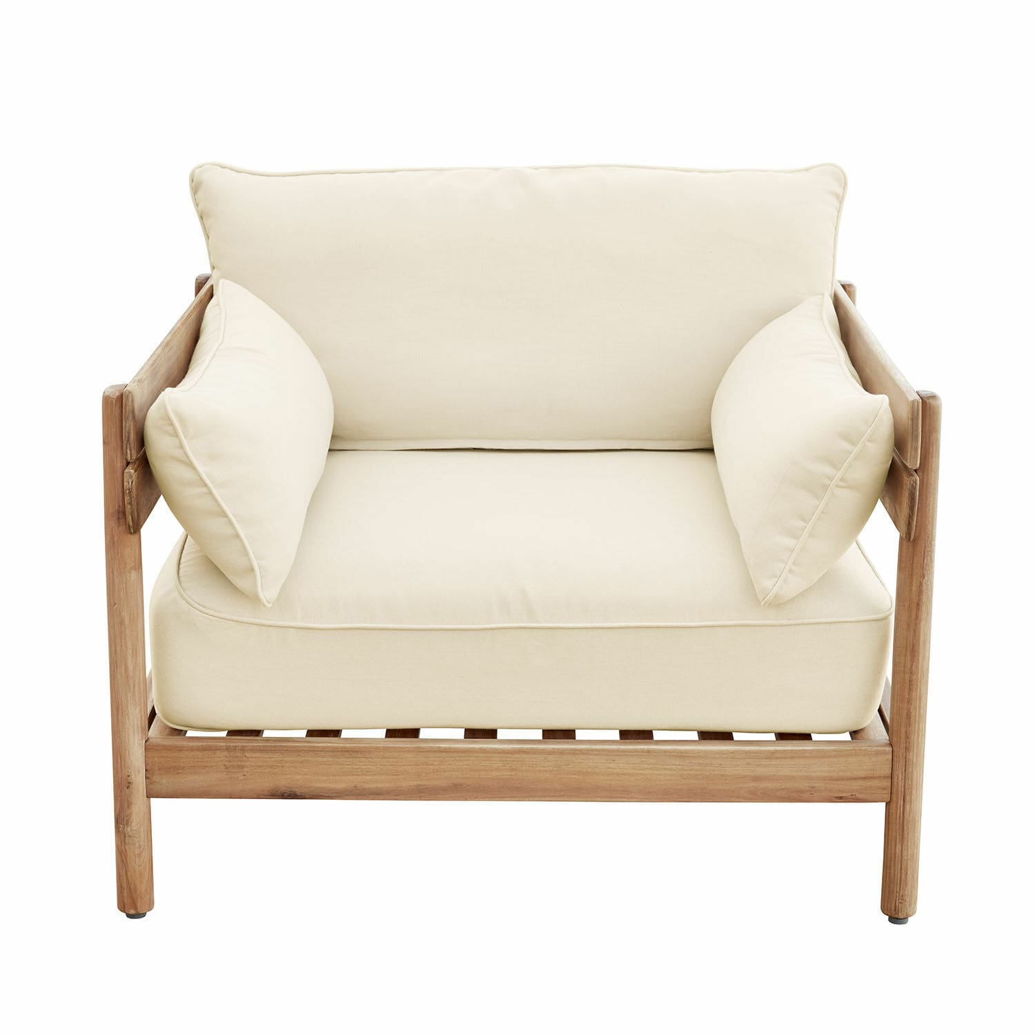 Montivaux fauteuil van FSC-hout in bruin-beige met zachte beige kussens, comfortabele stoel voor woonkamer.