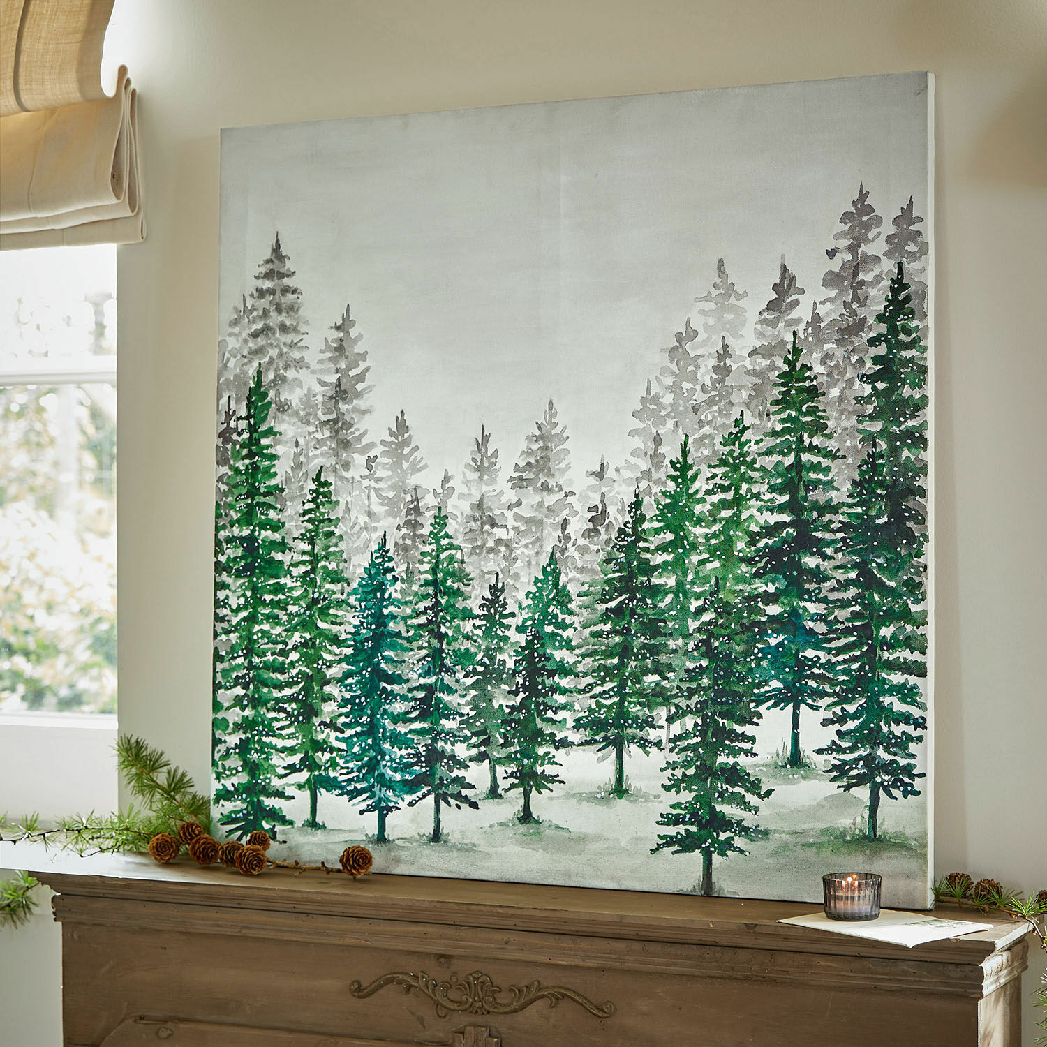 Afbeelding Mierta Canvas schilderij met groene en grijze dennenbomen, natuurlijke wanddecoratie voor woonkamer