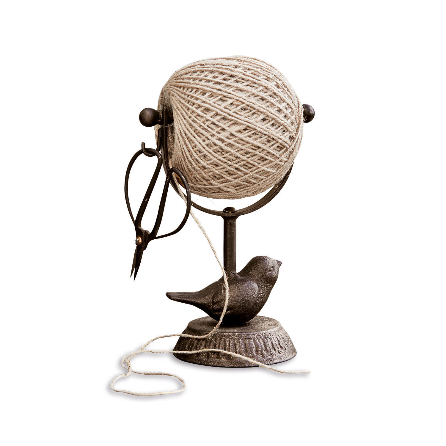 Zwarte metalen houder met vogel, bol touw en schaar voor het knippen van draad