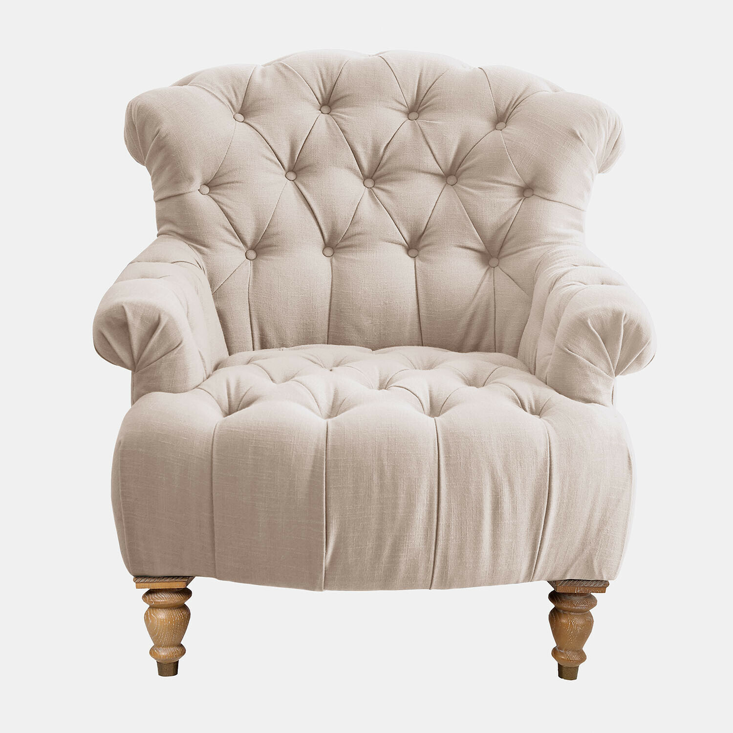 linnen Springfield fauteuil van beige linnen met doorgestikte rugleuning en houten poten, stijlvolle woonkamermeubel
