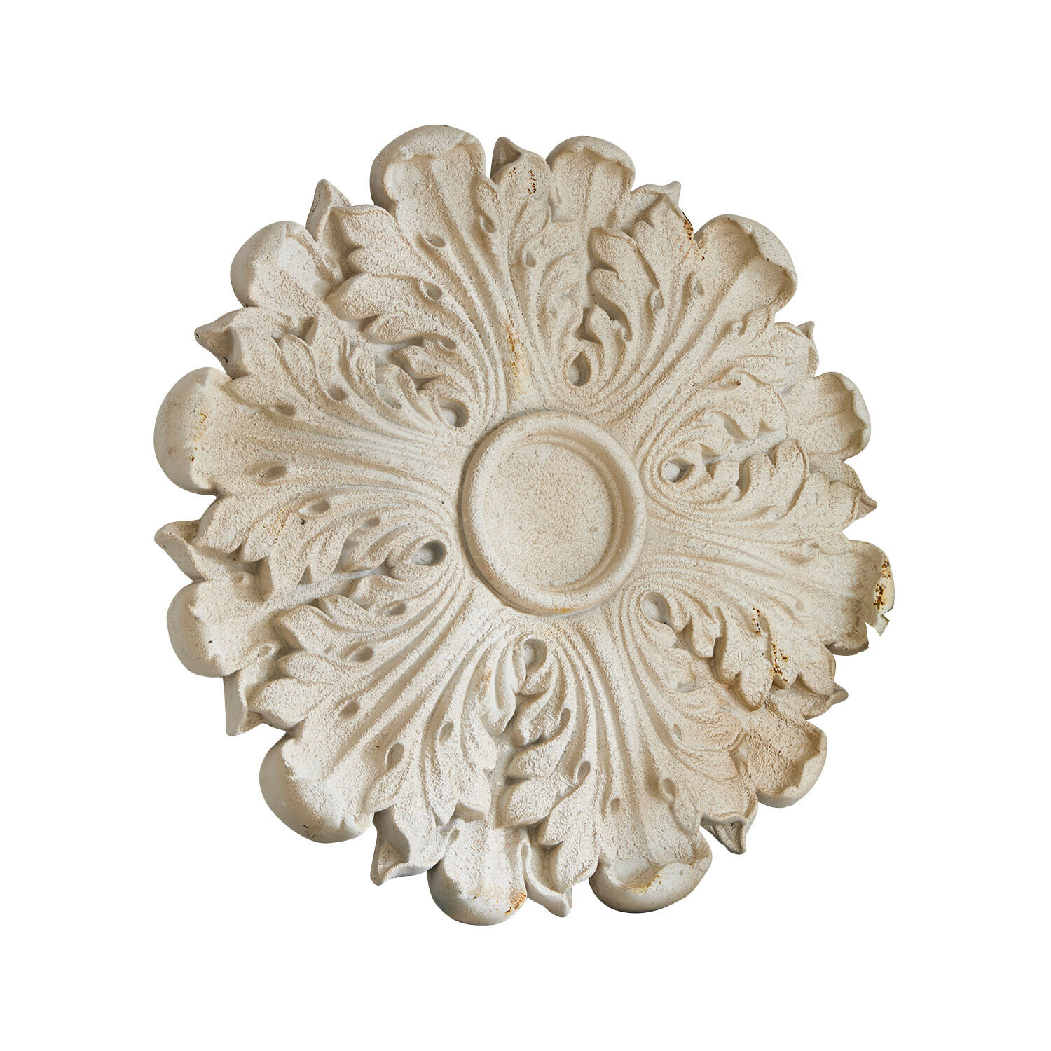 Decoratieve witte stenen rozet met reliëfbladmotief, wanddecoratie