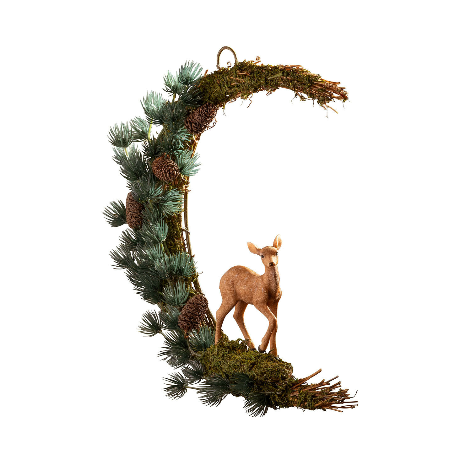 Decoratief hangobject Isnara Decoratieve krans van takken, dennenappels en mos met hertenfiguur, natuurlijke kleuren, kerstdecoratie