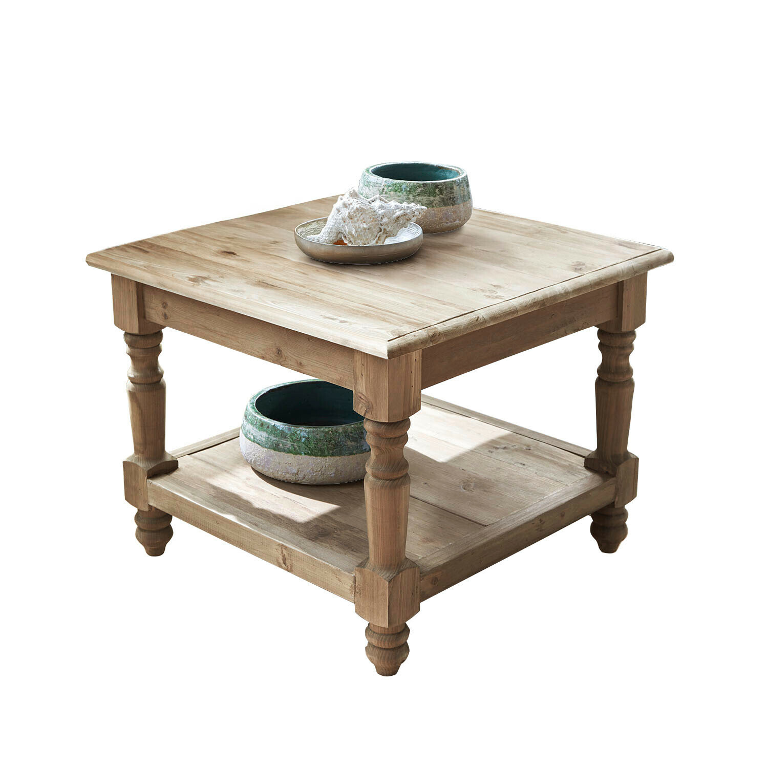 Salontafel Belméran Vierkante salontafel van natuurlijk grenenhout met plank en groene decoratieve keramische kommen