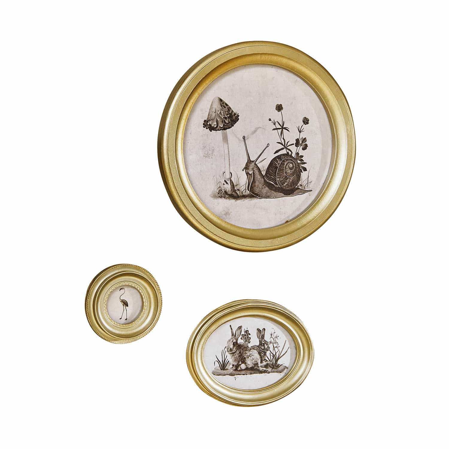 Muurdecoratie set van 3 Atriana Set van drie gouden lijsten met afbeeldingen van slak, flamingo en konijnen voor wanddecoratie