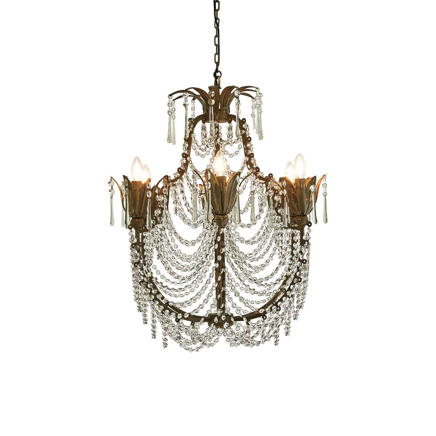 Kroonluchter Caldrith Vintage kroonluchter van metaal en kristal met kettingen en vlamvormige lampen voor interieurdecoratie