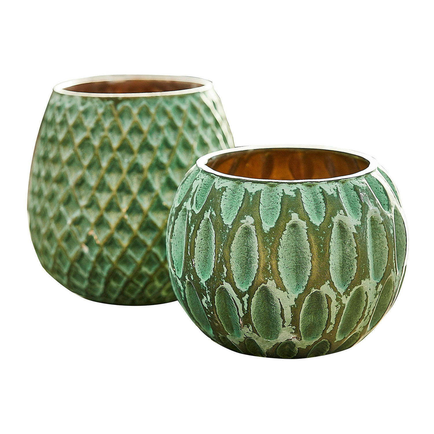 Windlicht set van 2 Xerice Set van twee groene keramische theelichthouders met textuur en gouden binnenkant voor woondecoratie