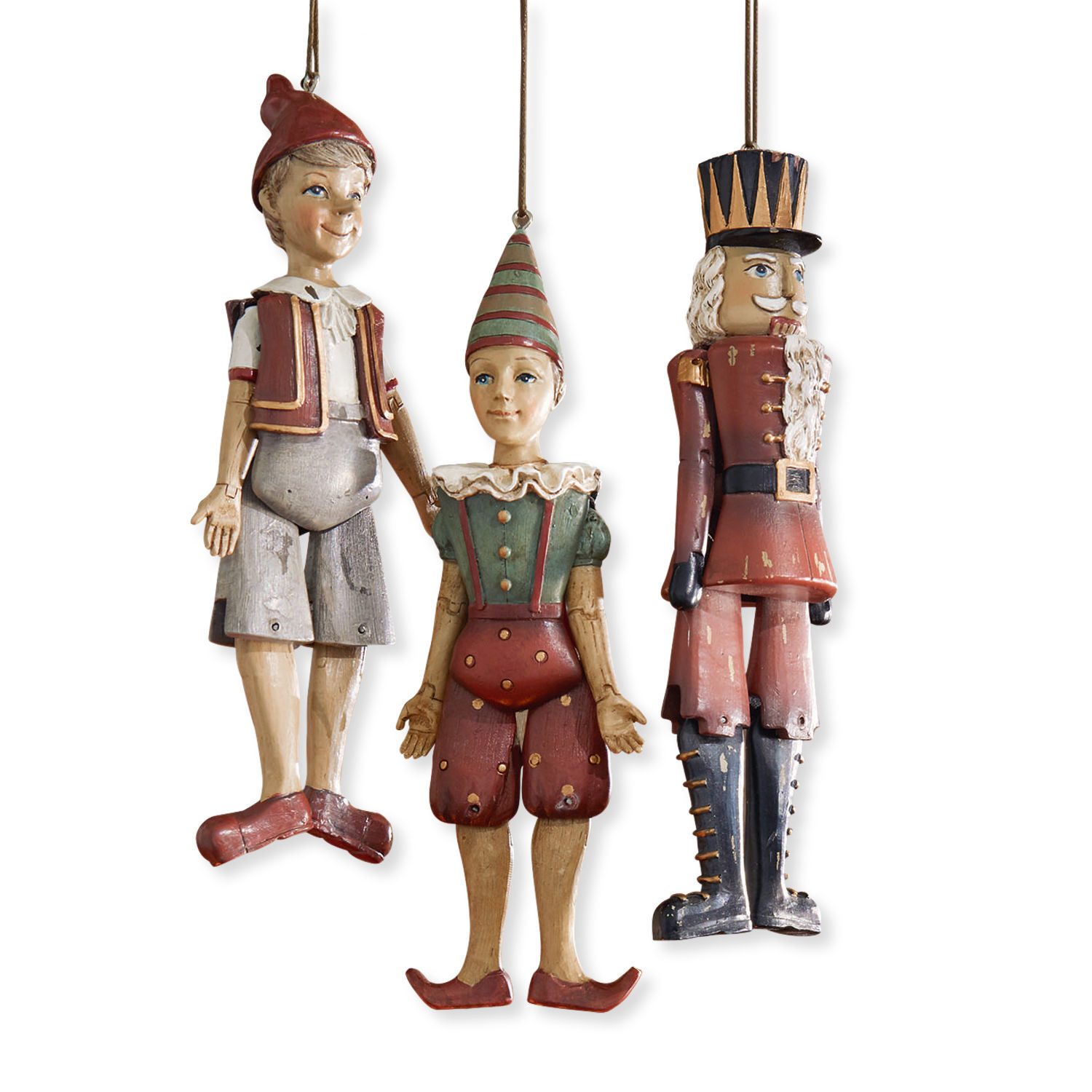 Figuur set van 3 Udine Set van drie houten vintage hangers: Pinokkio, clown en soldaat in rood en groen voor decoratie