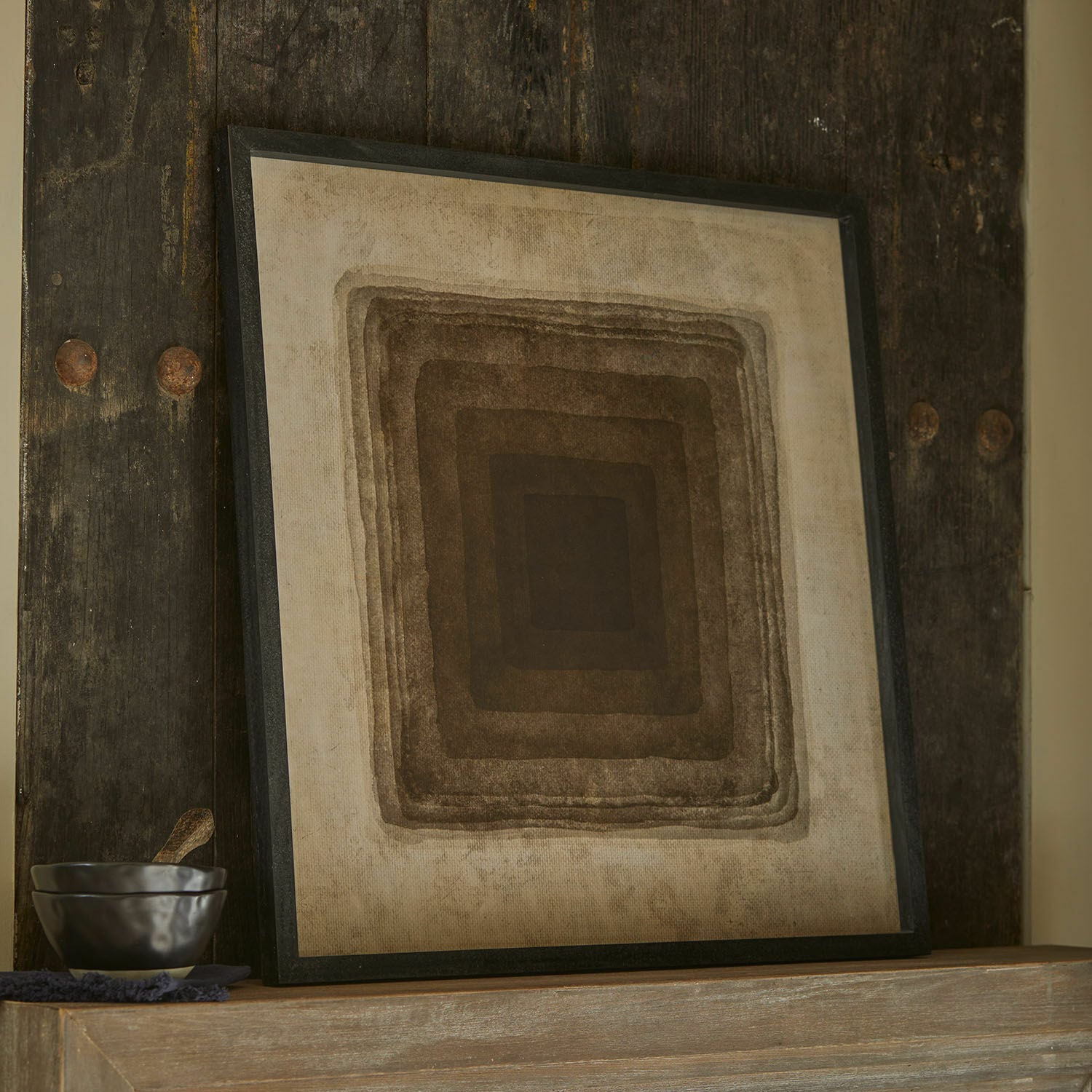 Afbeelding Zayden Decoratief schilderij met geometrisch patroon in bruine tinten op beige achtergrond, moderne wanddecoratie