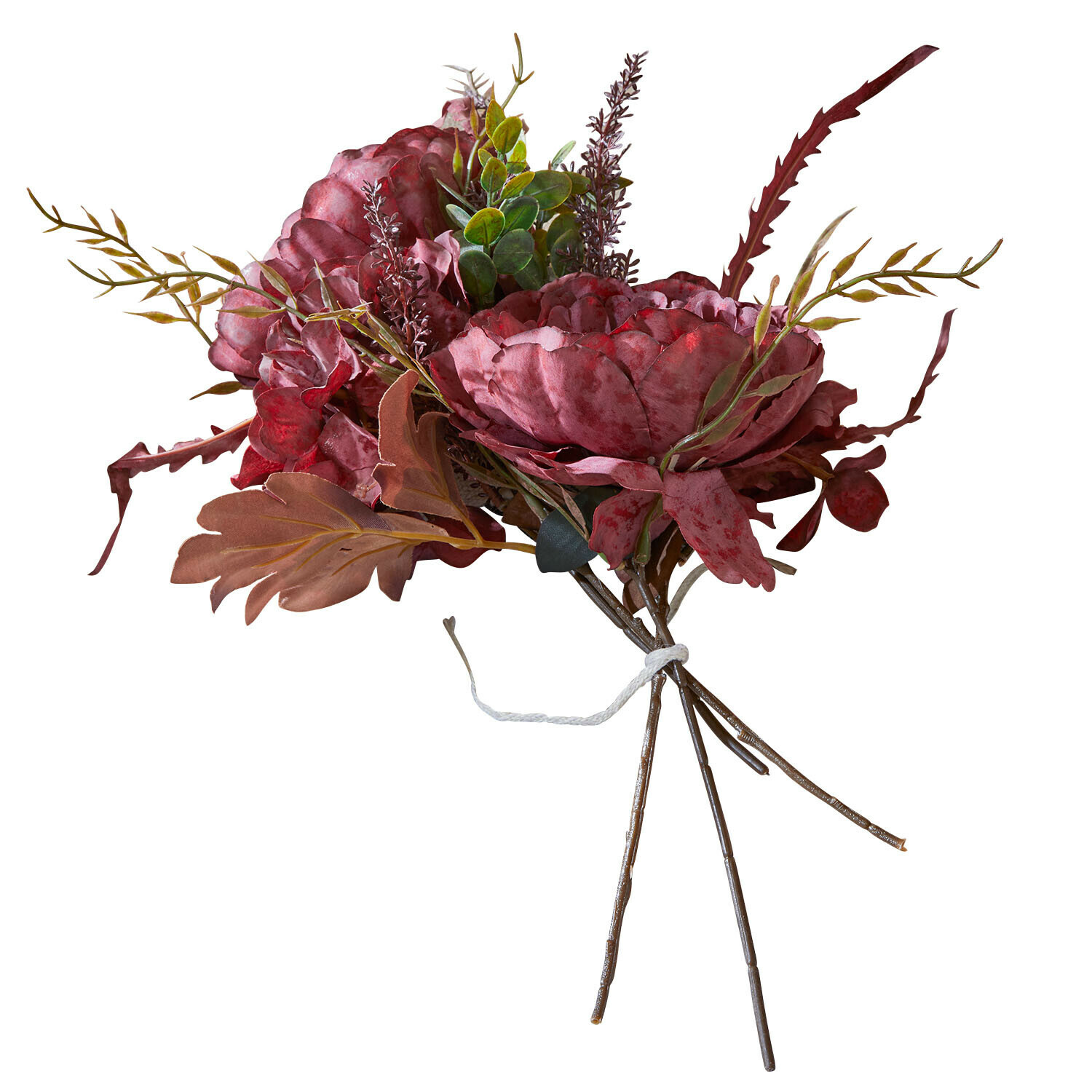 Boeket kunstbloemen in bordeauxrood met groene bladeren voor interieurdecoratie