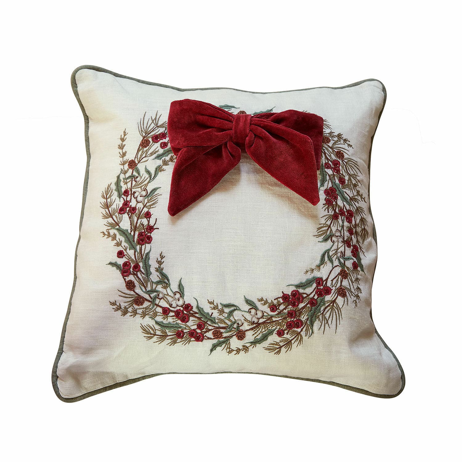 Decoratief linnen kussen in ecru met geborduurde krans en bordeauxrode strik voor interieur