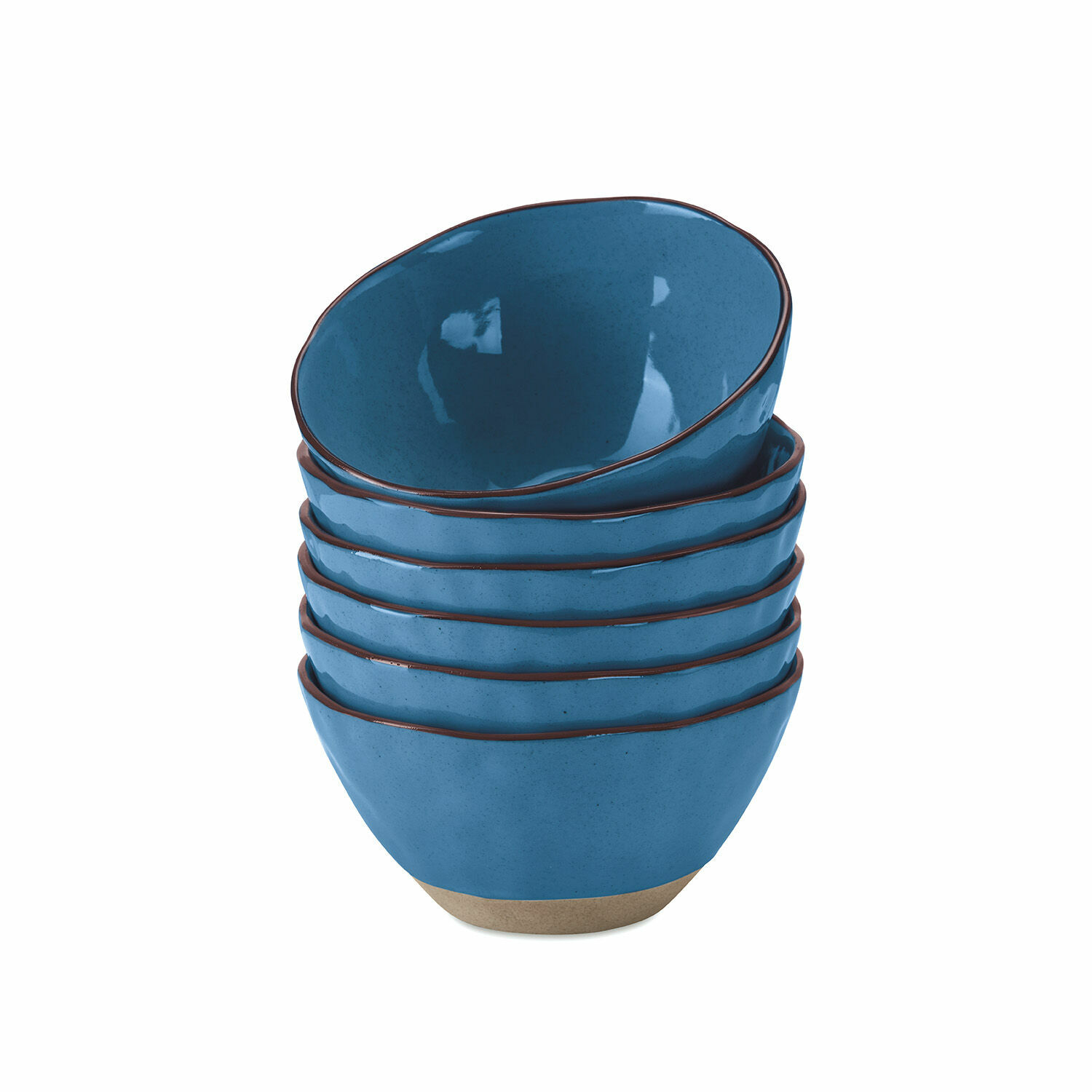 Set van zes blauwe keramische kommen met bruine rand en natuurlijke bodem om te serveren