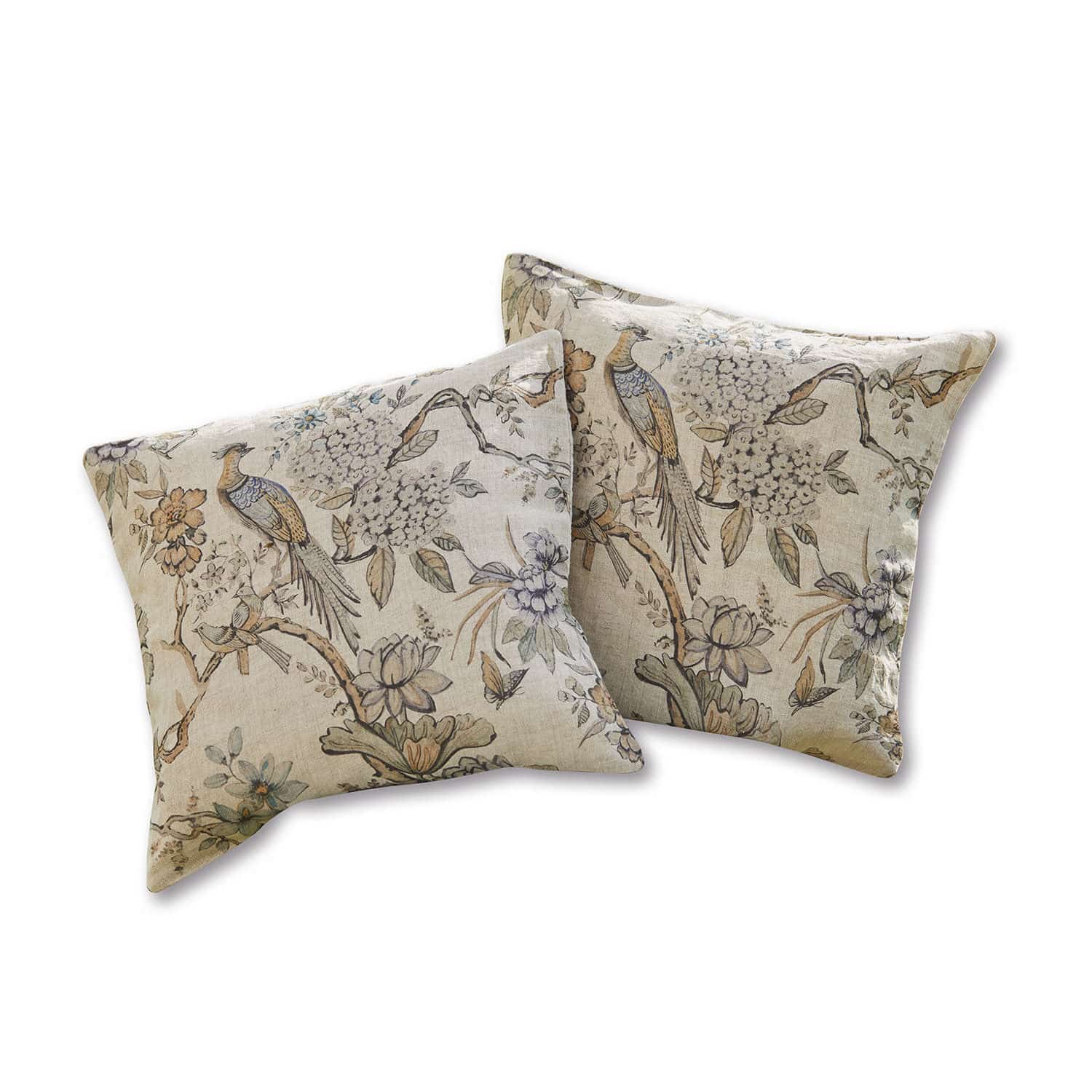 Kussenhoes set van 2 Lorry Set van twee decoratieve linnen kussens in beige met vogel- en bloemenprint voor woonruimte