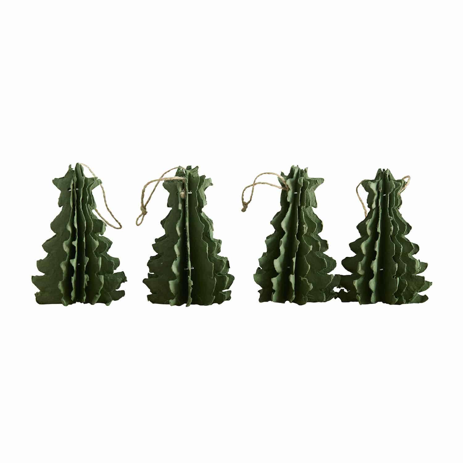 Set van 4 groene stoffen kerstboomvormige hangers met koord, kerstdecoratie