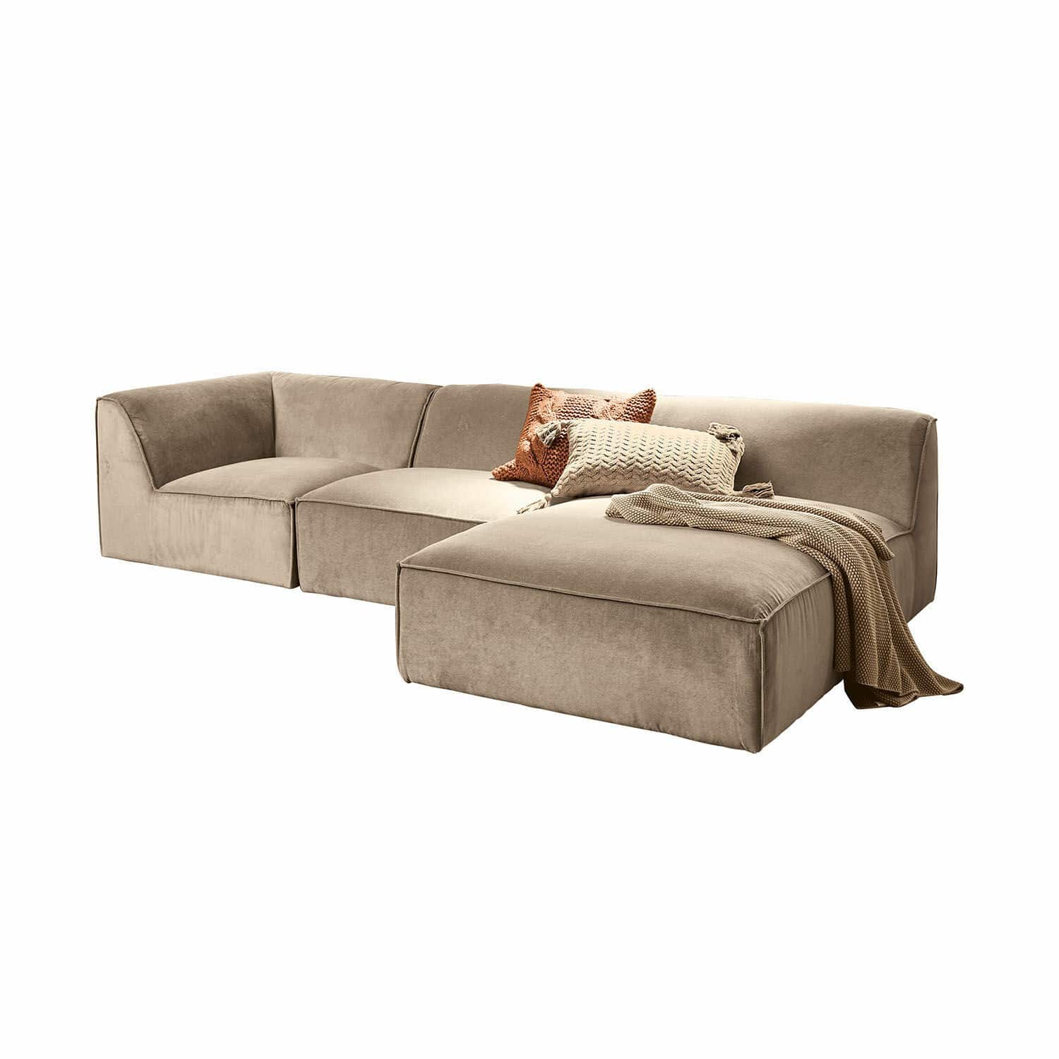 Bank McLean Beige modulaire bank van zachte stof met kussens en deken, moderne comfortabele woonkamermeubel
