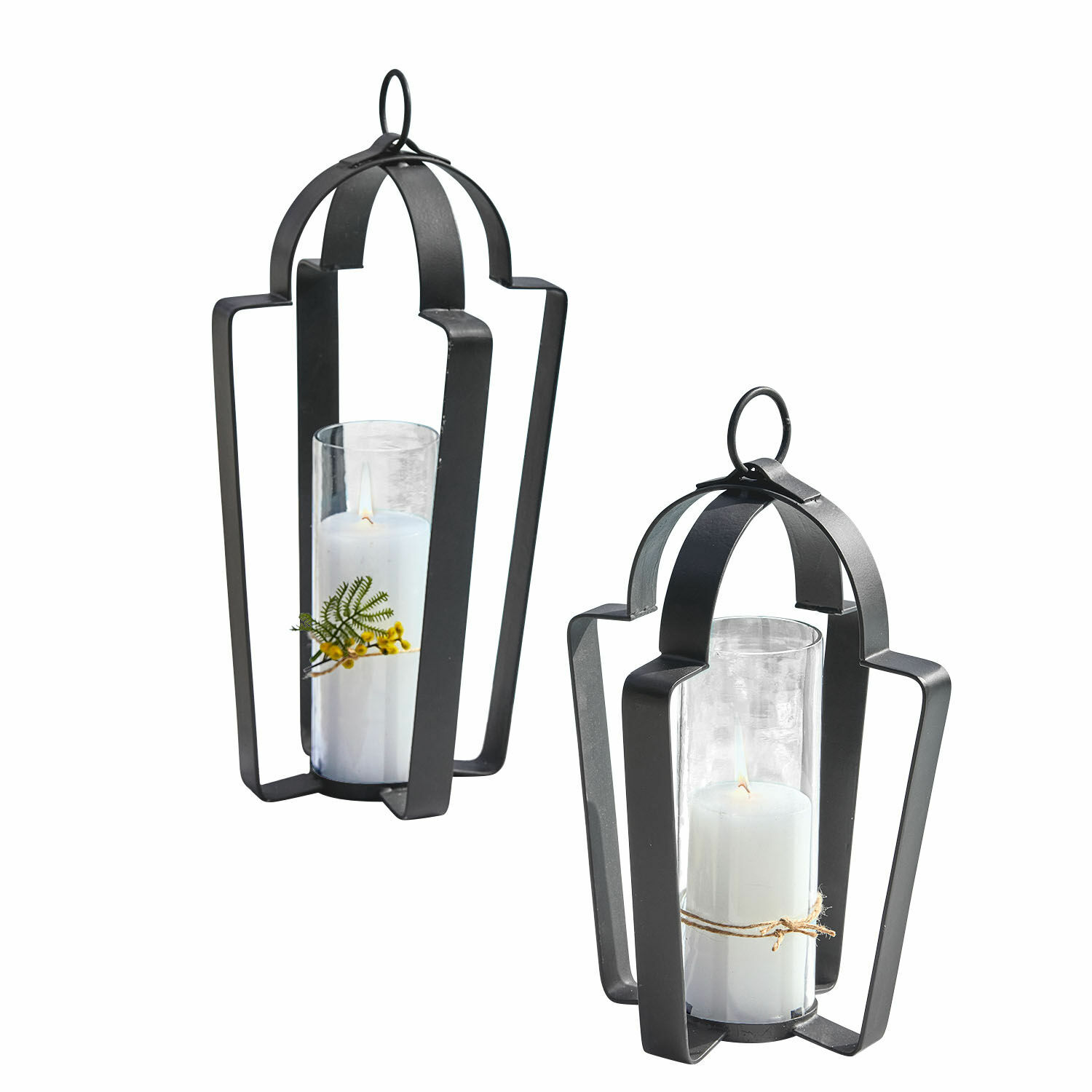 Set van twee zwarte metalen lantaarns met witte kaarsen en glazen bescherming, interieurdecoratie