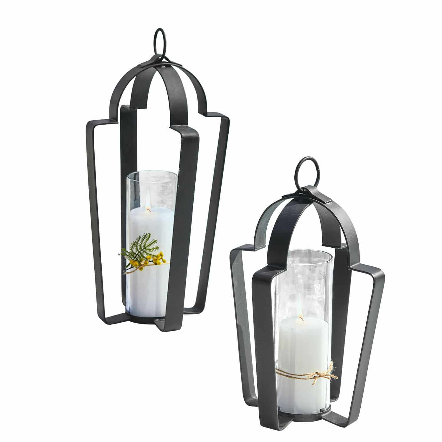 Lantaarn set van 2 Cime Set van twee zwarte metalen lantaarns met witte kaarsen en glazen bescherming, interieurdecoratie