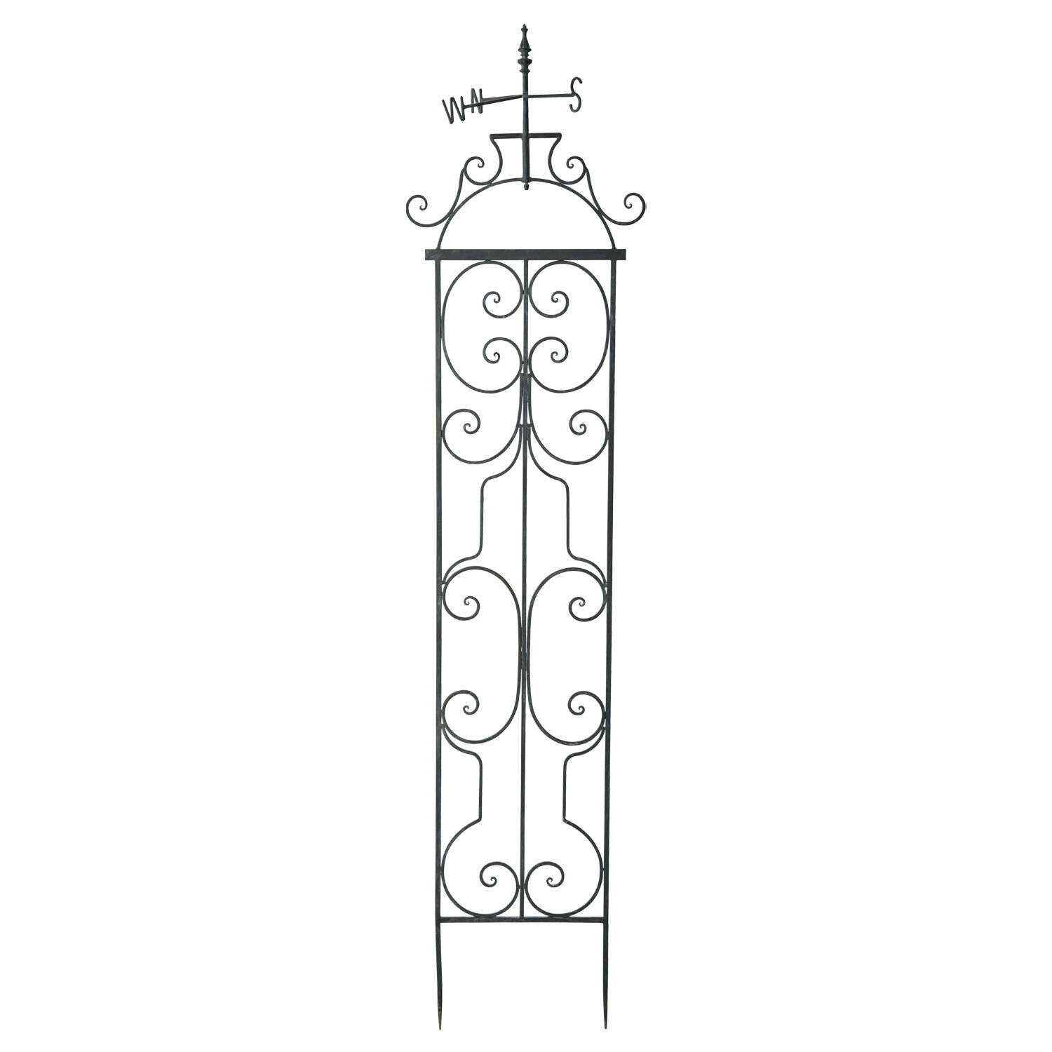 Zwart metalen tuinrank Cyrille met sierlijke krullen en windwijzer in antieke stijl