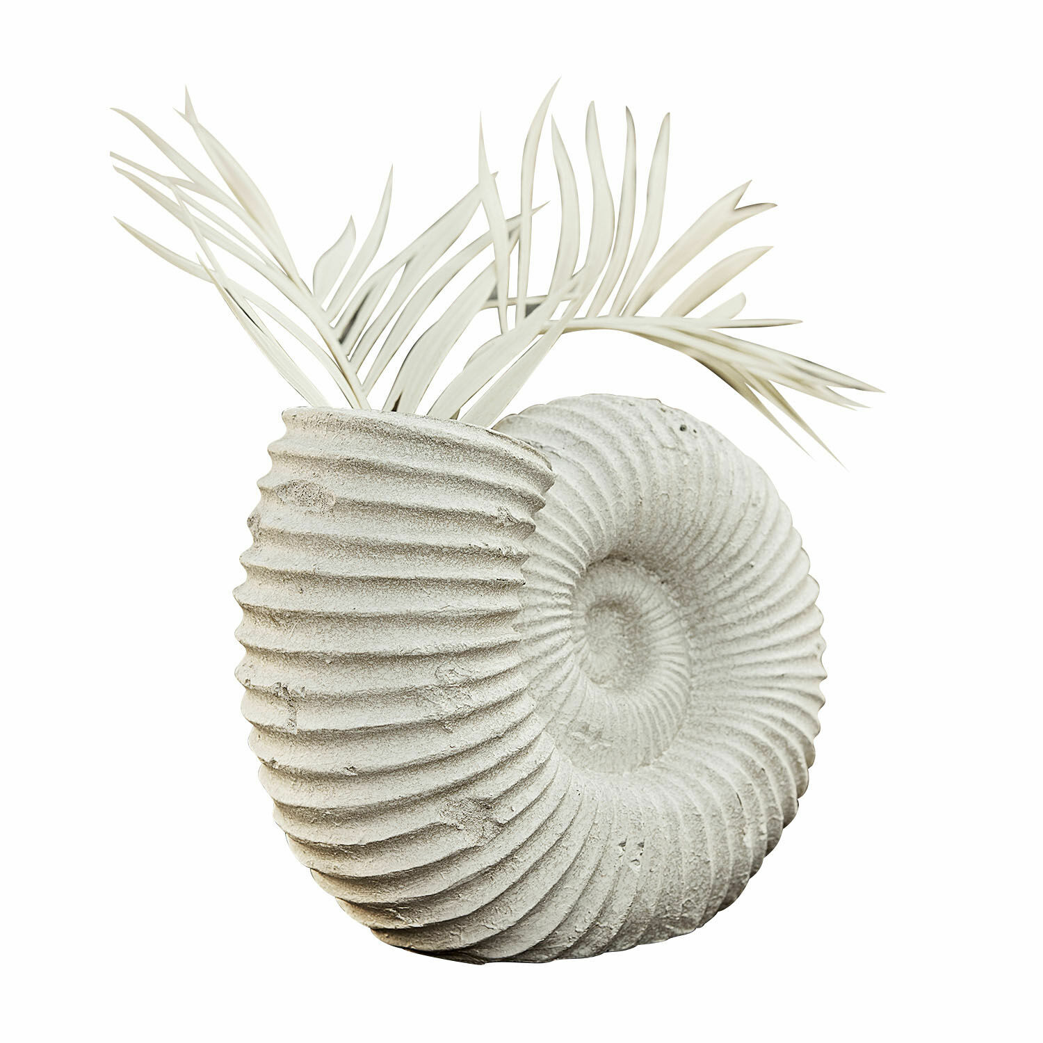 Vaas Korrellin Decoratieve bloempot van grijs beton in schelpvorm met witte decoratieve bladeren