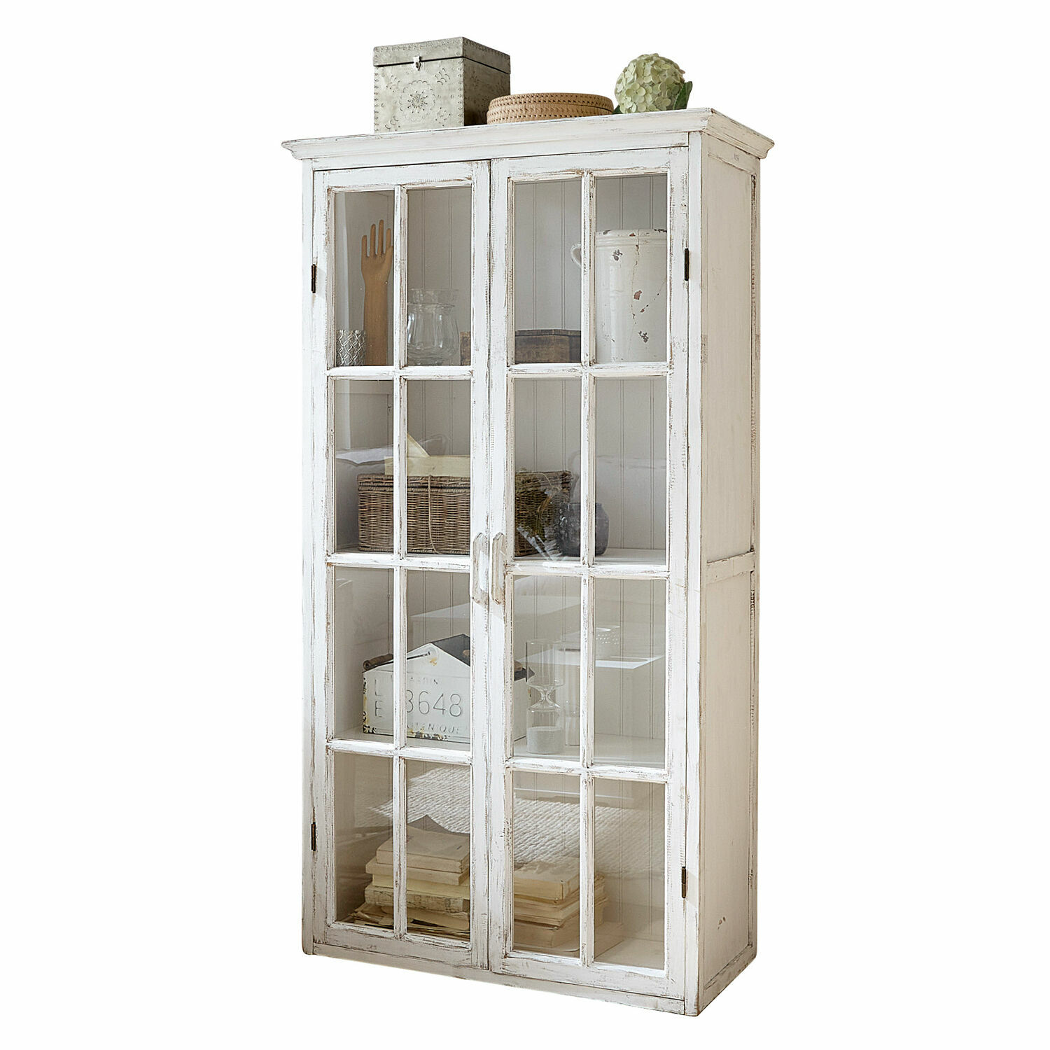 Kast Keanu Witte houten vitrinekast met glazen deuren en decoratieve planken voor woonkamer