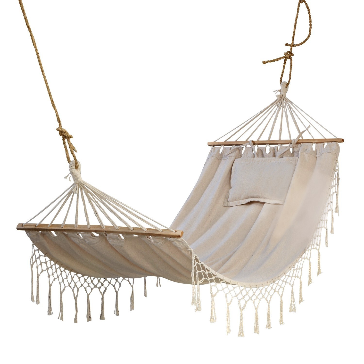 Hangmat Moline Beige katoenen hangmat met houten stokken en decoratieve franjes voor comfortabel buitenontspanning