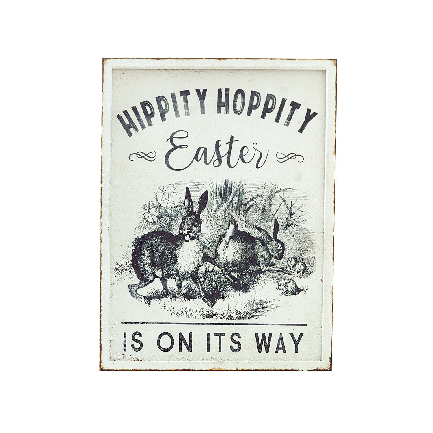 Decoratief paasbord met tekst en konijnenillustratie op witte achtergrond