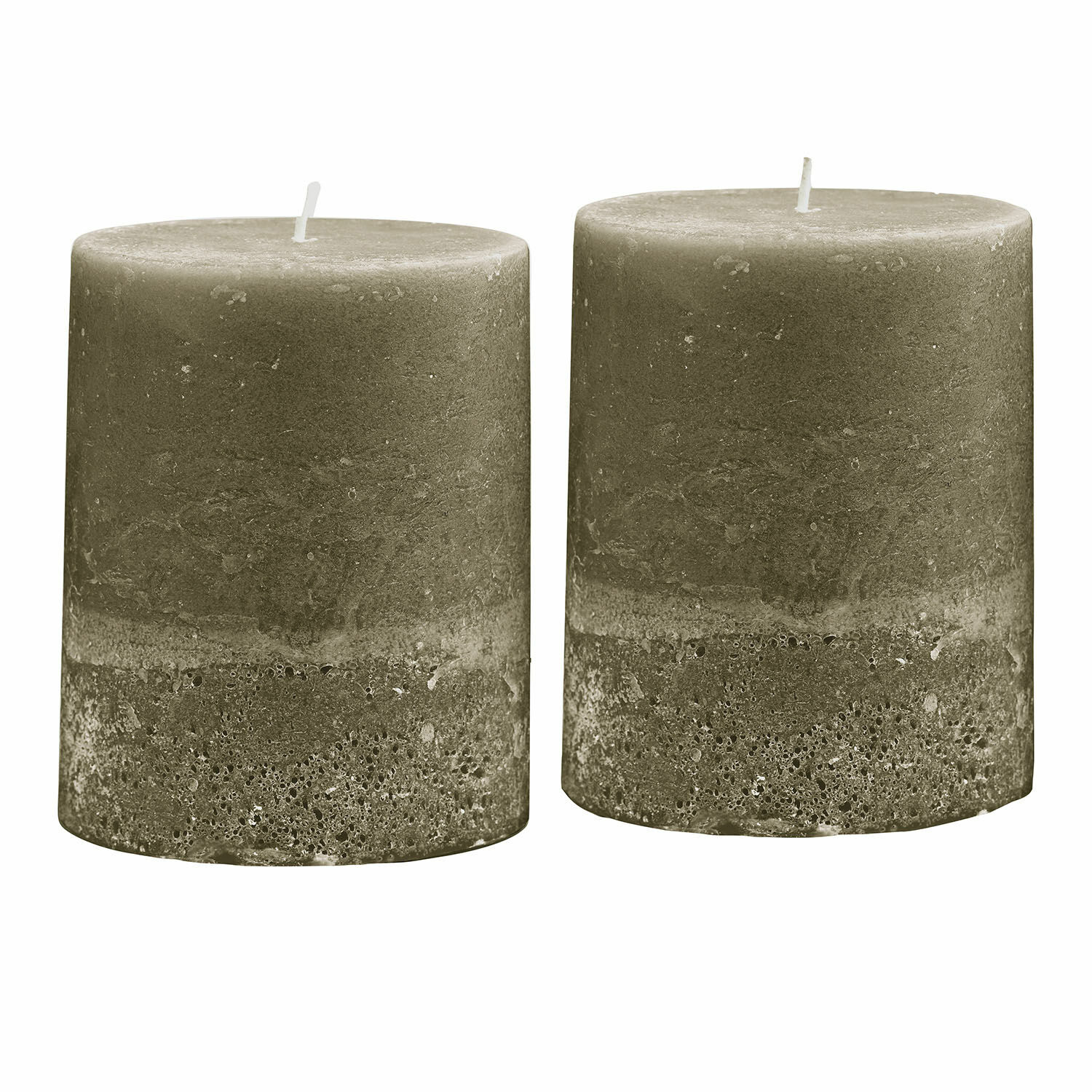 Set van twee olijfgroene Oviedo kaarsen met rustieke textuur voor interieurdecoratie