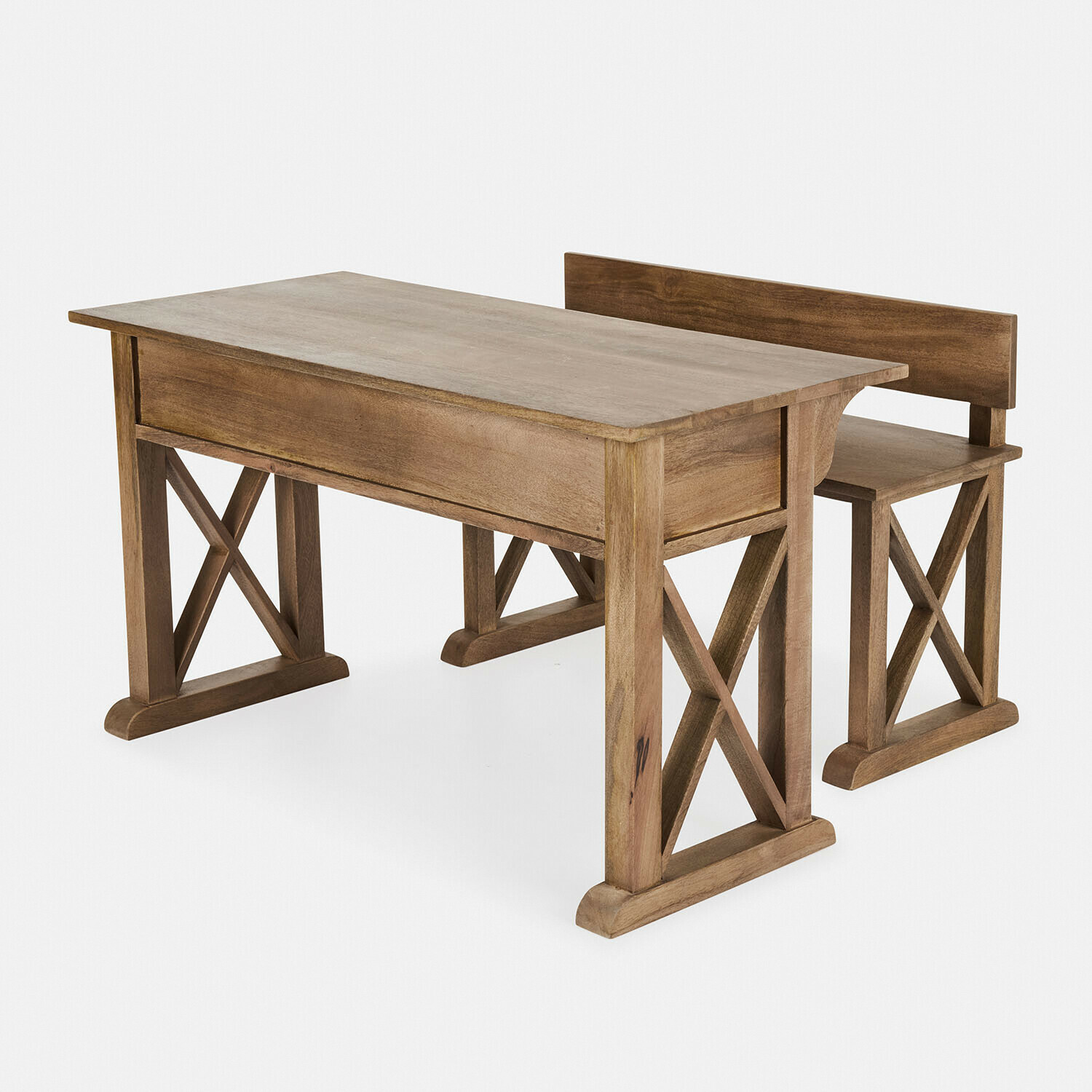 Schoolbankje voor kinderen Oaklynne Tafel en bank van mangohout in natuurlijke kleur met decoratieve X-vormige poten