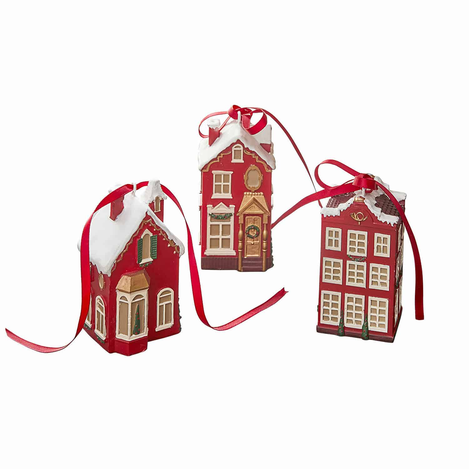 Hanger set van 3 Aravyn Set van drie rode huisornamenten met wit dak en rood lint voor aan de kerstboom