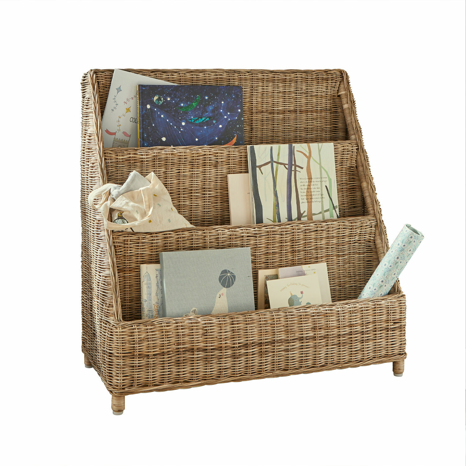 Tijdschriftenrek Trésolia Drievoudige rieten kast in natuurlijke kleur met boeken en decoraties voor opbergen