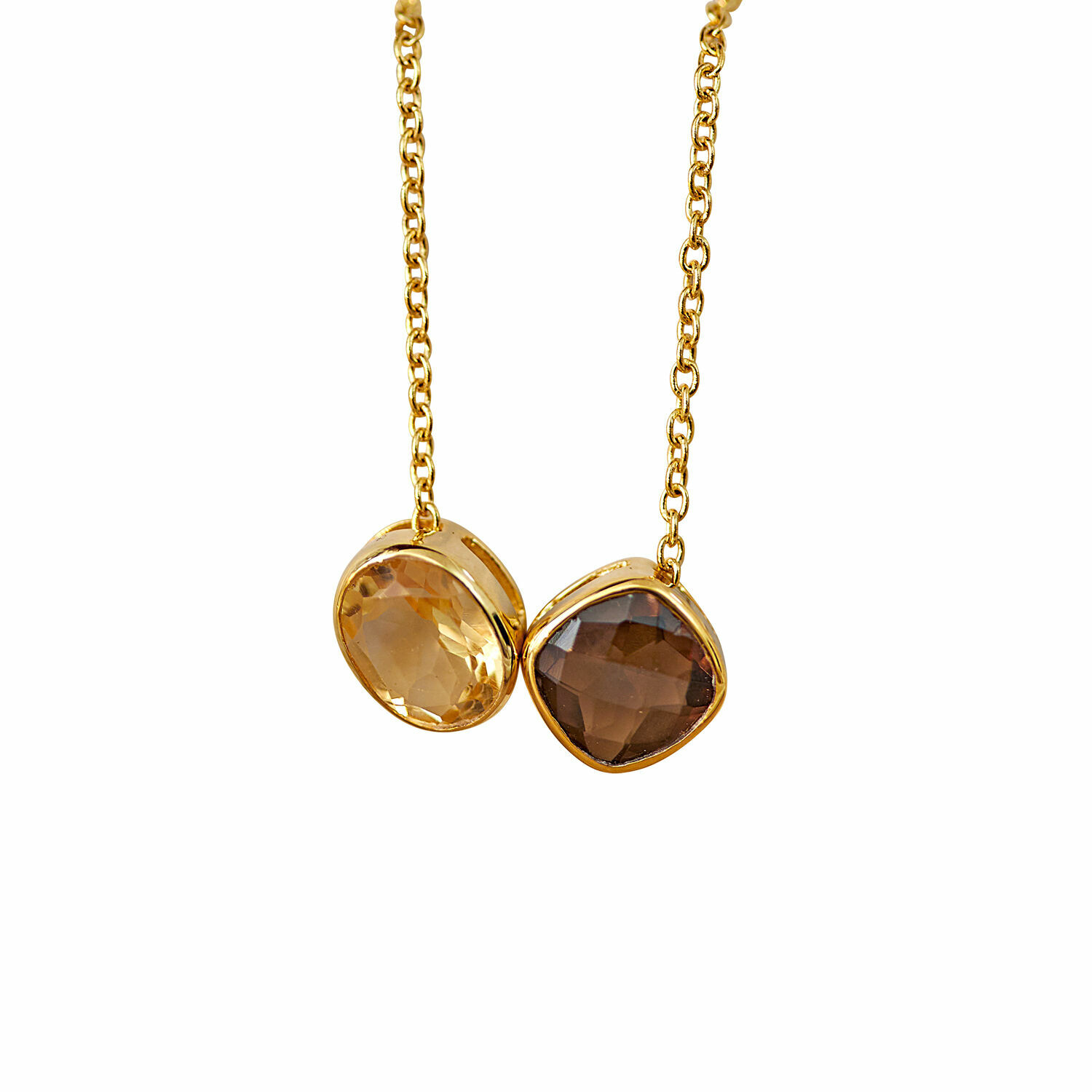 Halsketting Ovique Gouden ketting met twee hangers van geslepen stenen in bruin- en amberkleuren