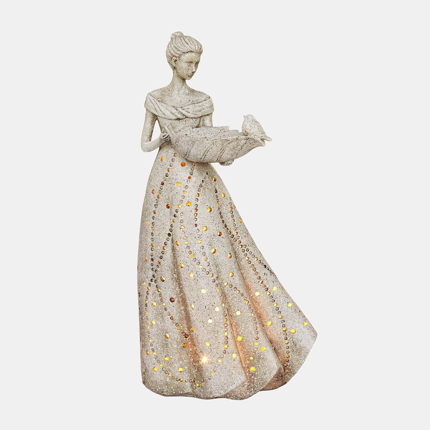 Decoratief ledbeeldje Maurelle Beeld van vrouw van licht steen met lantaarn en vogel, LED-verlichte tuindecoratie