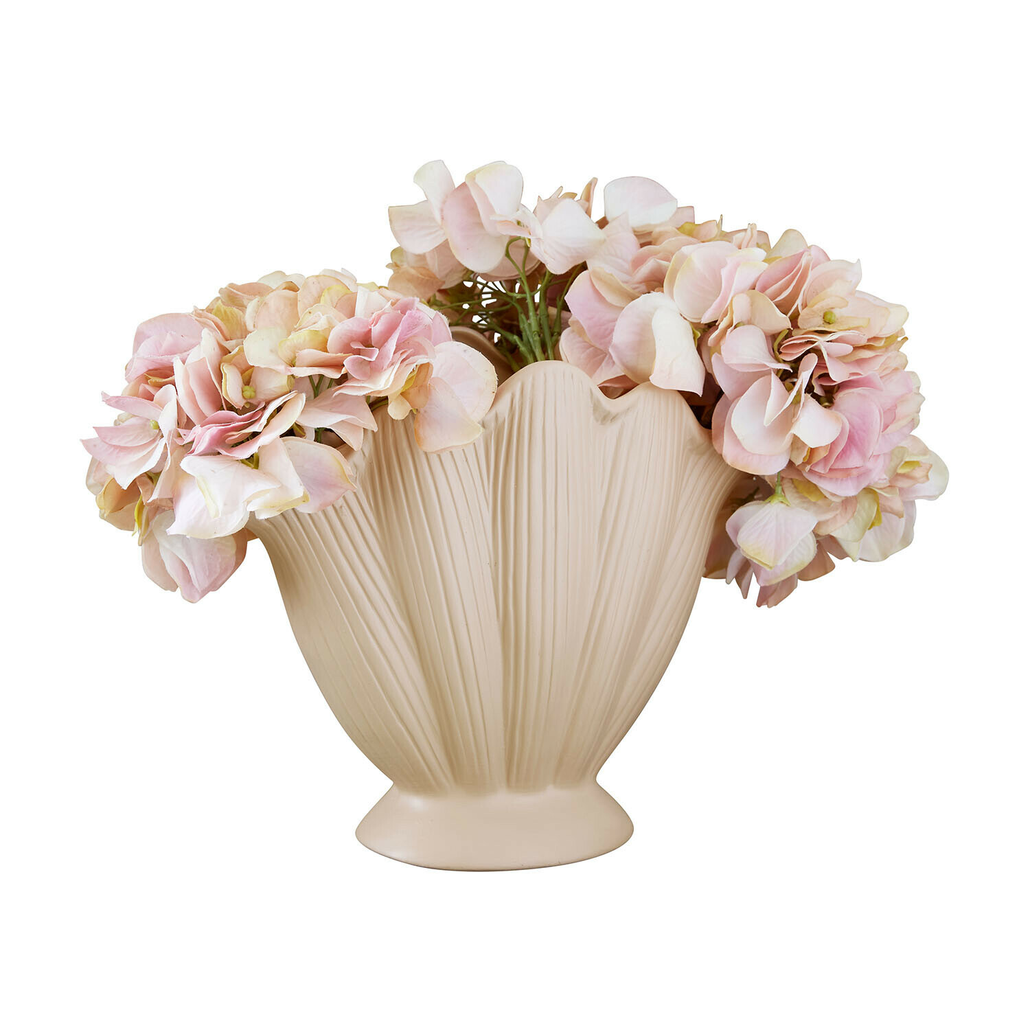 Beige keramische vaas met bladstructuur en roze decoratieve bloemen voor interieur