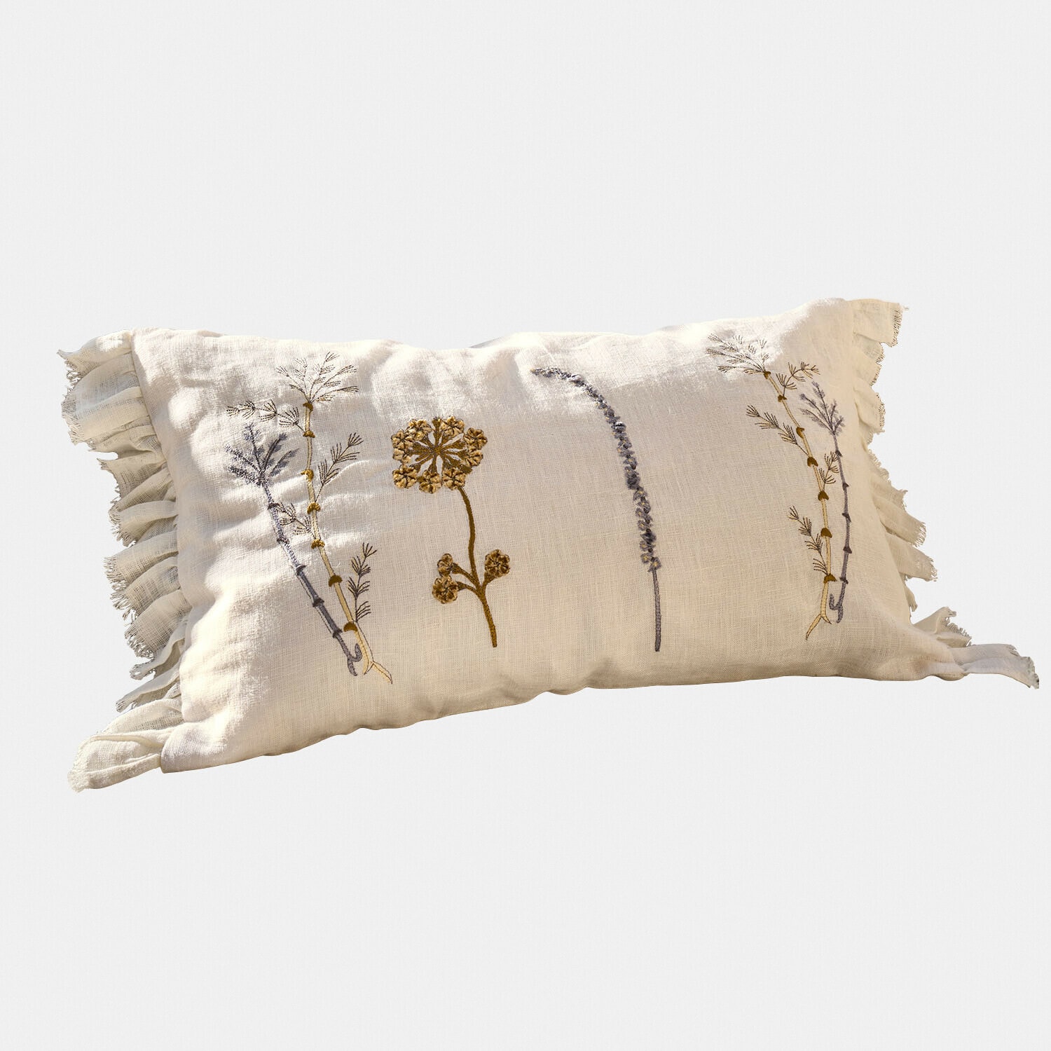 Beige linnen kussen met bloemenborduursel en ruches, decoratief kussen voor woonkamer of slaapkamer