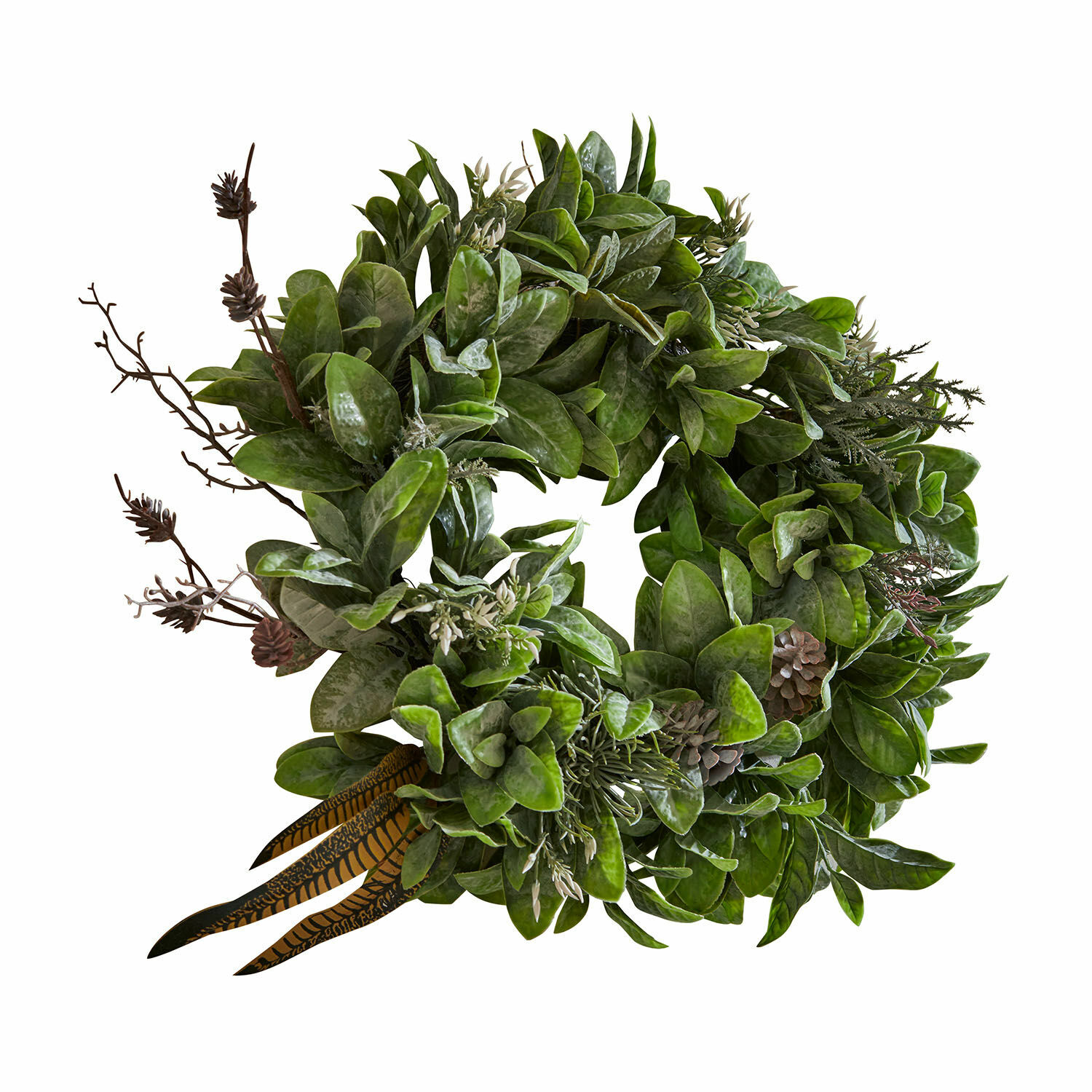 Krans Gianne Decoratieve krans van groene bladeren, dennenappels en veren voor muur of deur