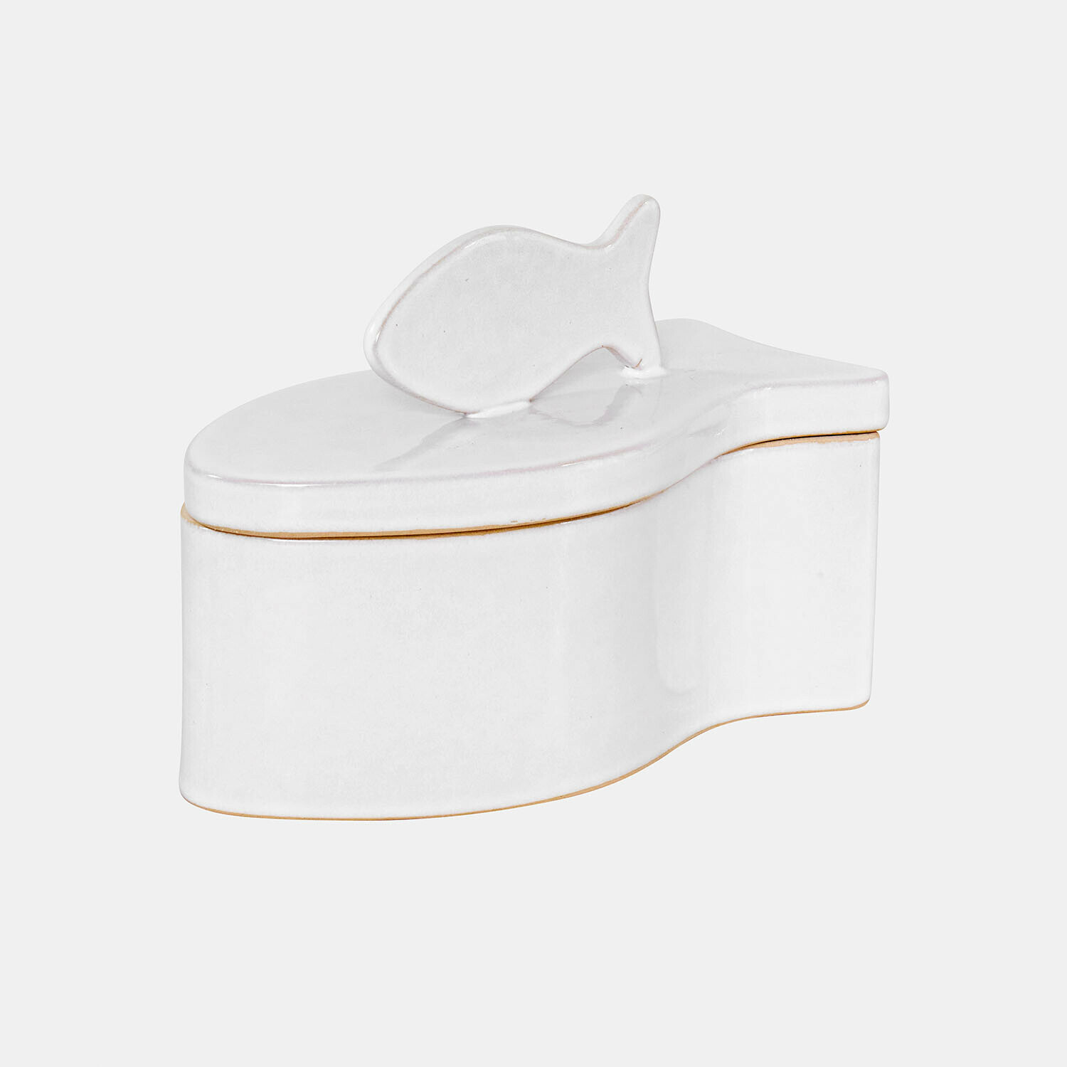 Witte keramische doos in visvorm met decoratieve handgreep, woonaccessoire