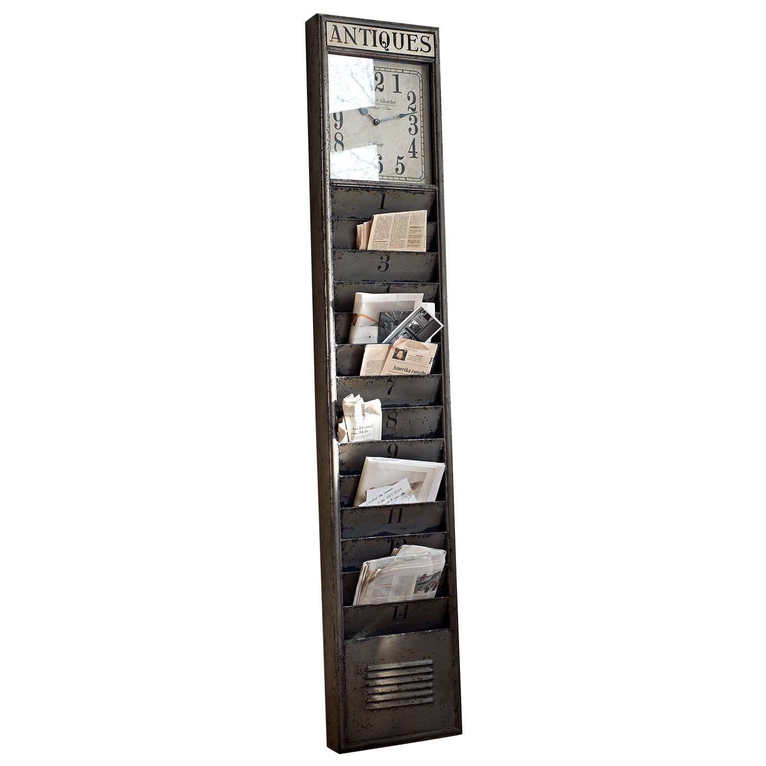 Krantenhouder Raleigh Smalle zwarte metalen wandplank met klok en opschrift ANTIQUES, vintage wanddecoratie