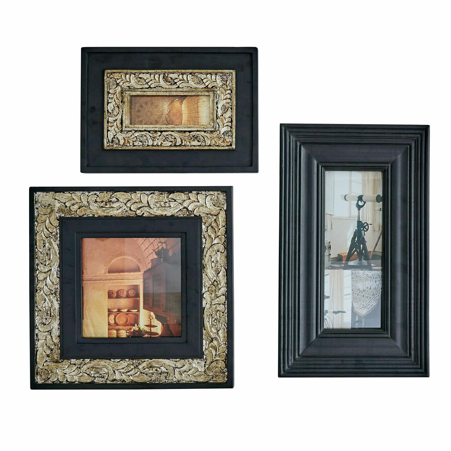 Fotolijst set van 3 Garonnelle Set van drie zwarte houten lijsten met decoratief patroon en foto's voor wanddecoratie