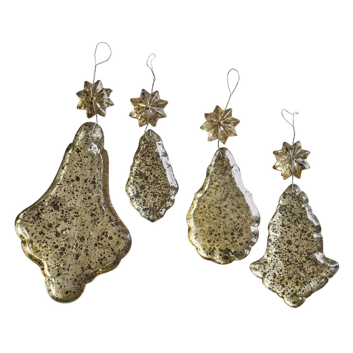 Set van vier hangende glazen decoraties in antiek goud met sterren, kerstversiering