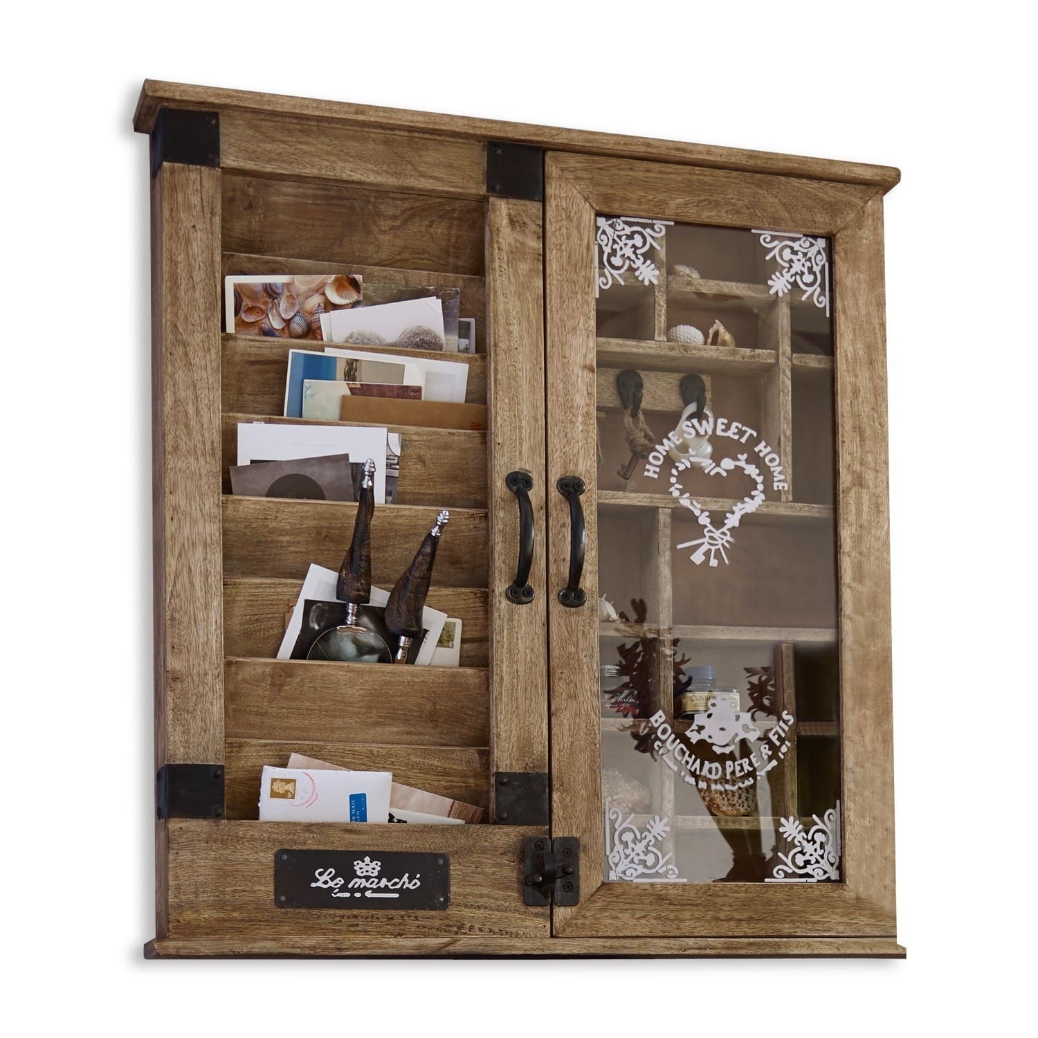 Wandorganizer Shelby Houten wandkast met vakken en glazen deur met tekst Home Sweet Home