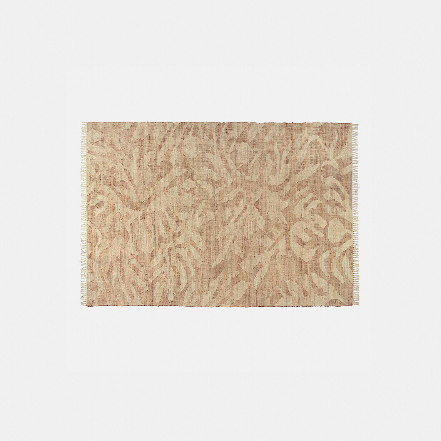 Vloerkleed Marsetta Beige vloerkleed van natuurlijk materiaal met abstract patroon en franjes aan de zijkanten, vloerdecoratie