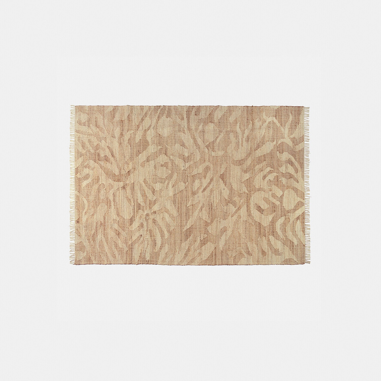 Vloerkleed Marsetta Beige vloerkleed van natuurlijk materiaal met abstract patroon en franjes aan de zijkanten, vloerdecoratie
